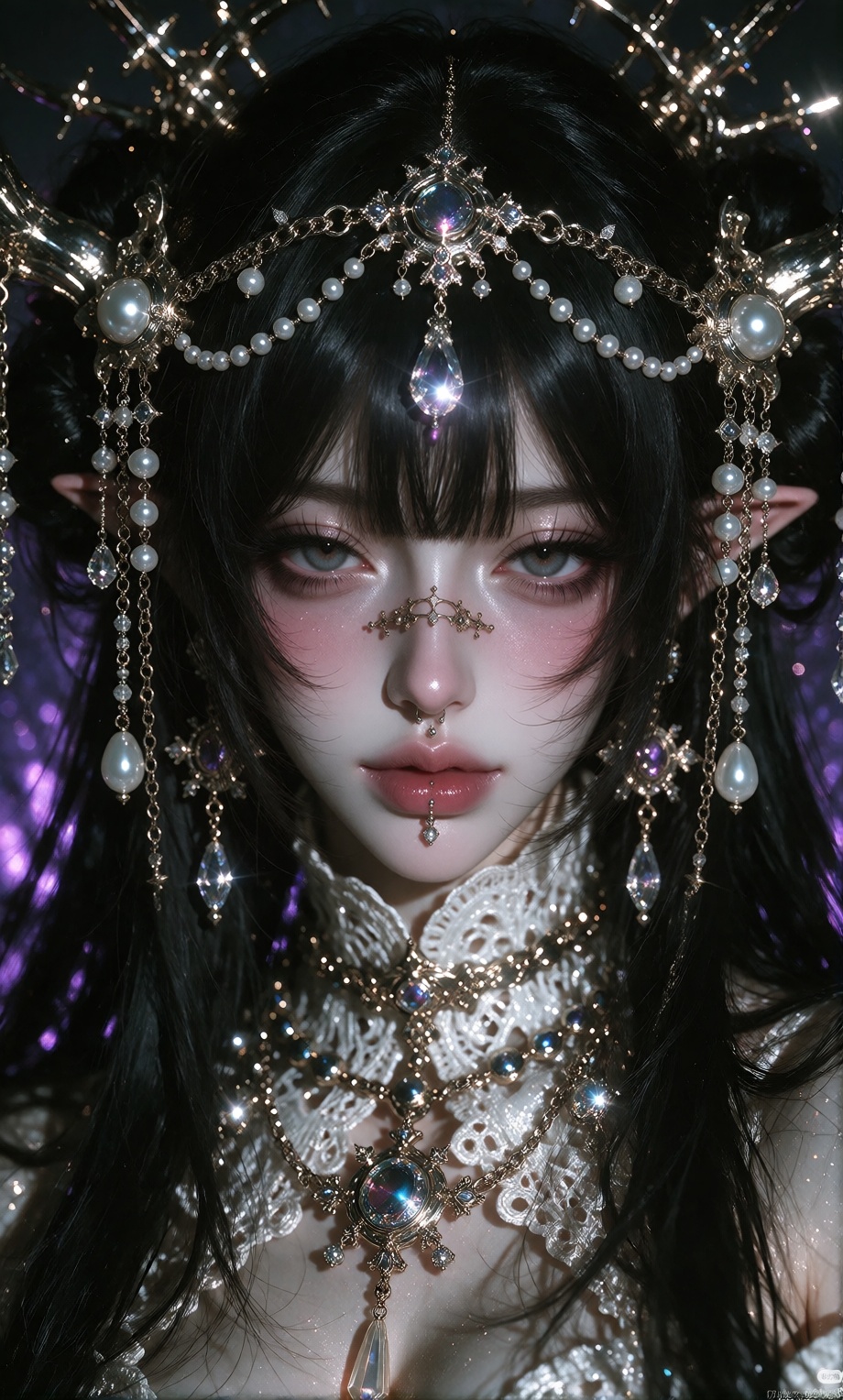 black hair,  straight bangs,  silver chain headpiece on Tensor.Art