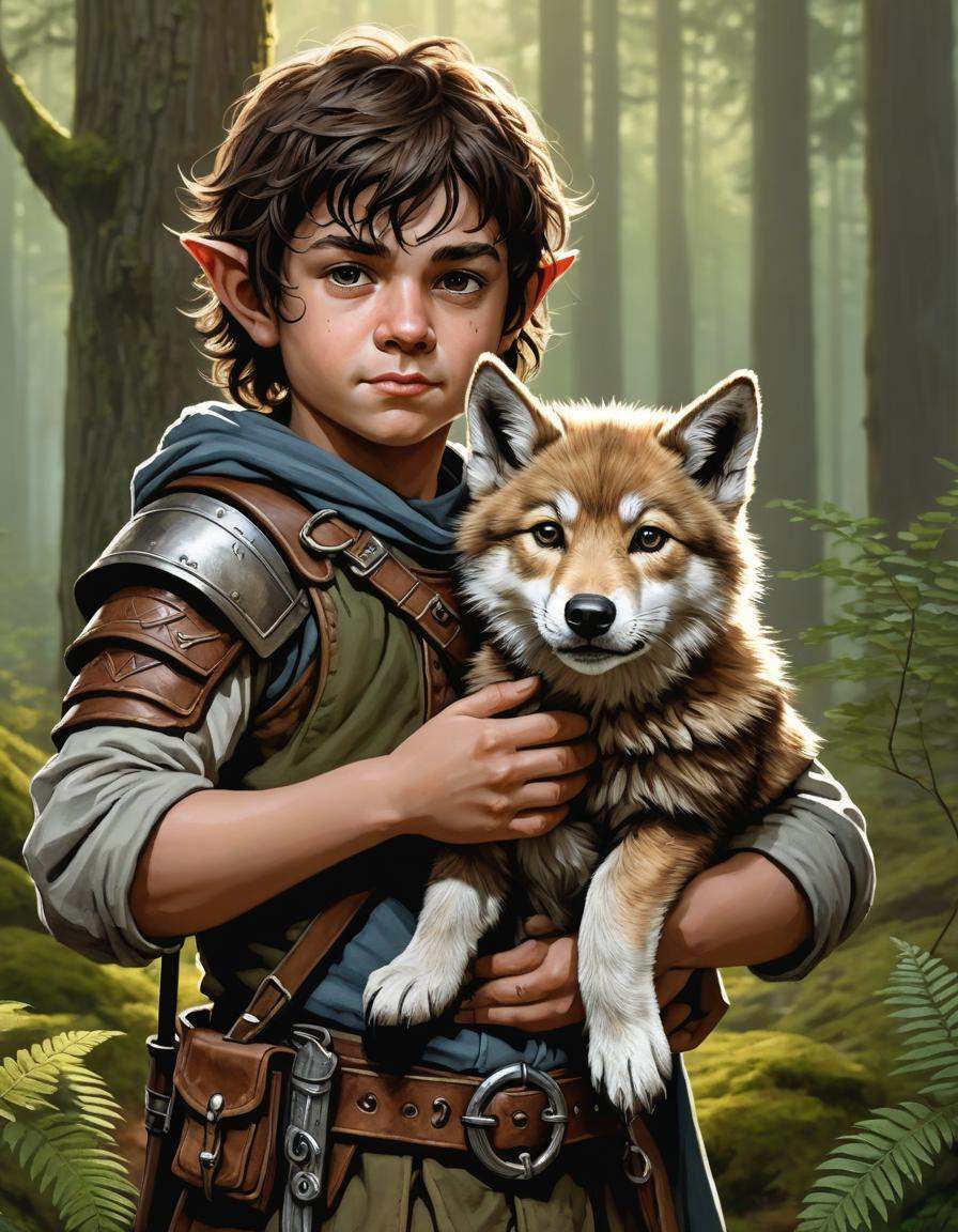 A fantasy portrait of a halfling rogue with a pet wolf cub, set against a forest backdrop, in the style of Erol Otus