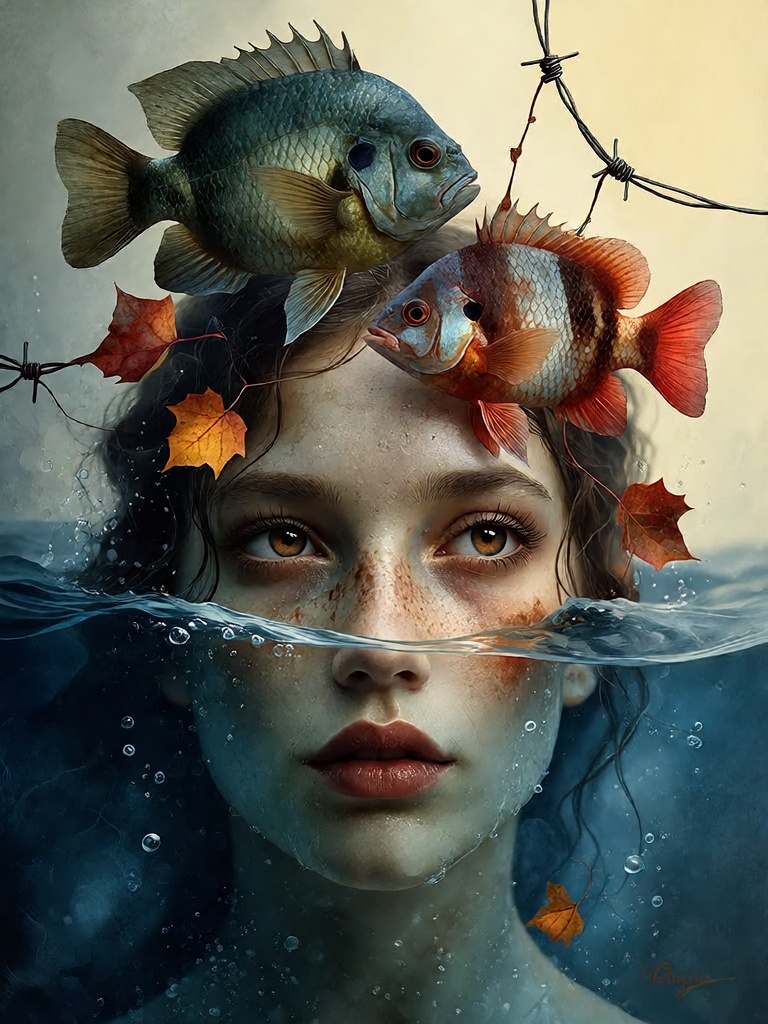 Bradhamel art style. A surreal portrait of a woman’s face half-submerged in deep blue water,  her upper features emerging...