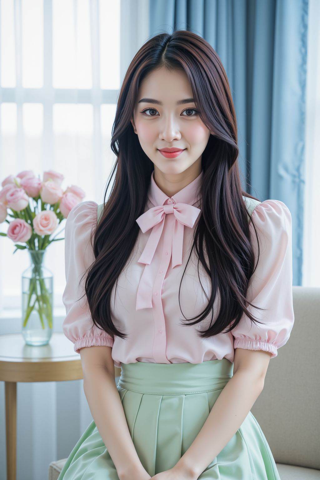 HDR photo of cinematic film still, A photograph of an Asian woman with long black hair, fair skin, and delicate features, smirk, sitting by a window. She wears a sheer, pale pink blouse with puffed sleeves and a bow tie, paired with a high-waisted, light green pleated skirt. She gazes softly at the camera. The background features a light blue curtain and a vase of pink flowers on a windowsill, creating a serene, pastel-toned ambiance.