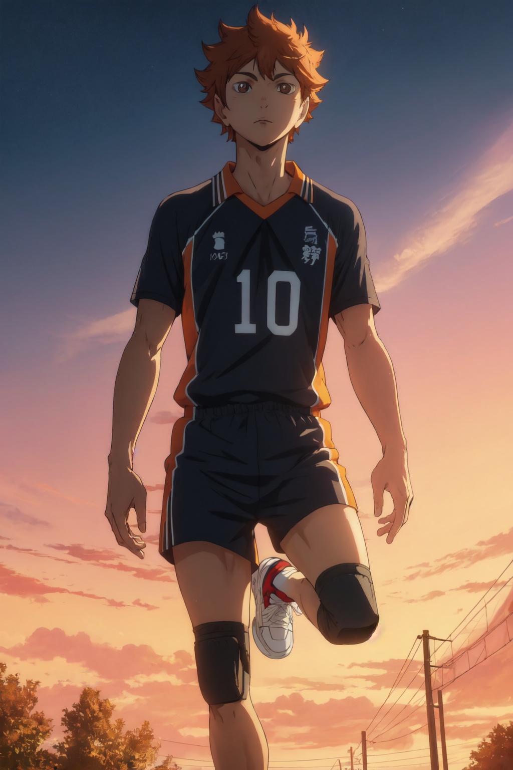 <lora:Hinata-000013:0.8>,Hinata CYQL,1boy,male focus,looking at viewer,solo,orange hair,short hair,brown eyes,sportswear,volleyball uniform,shorts,black shorts,knee pads,socks,shoes,seductive_smile,upper_body,Tundra, Midnight Sun, Barren, Cold, Landscape, Silence, Horizon, Solitude,(Lavender rows, Purple blooms, Summer sunshine, Fragrant air, Lavender harvest, English countryside:0.5),beautiful detailed sky,beautiful detailed glow,masterpiece,best quality,wallpaper,