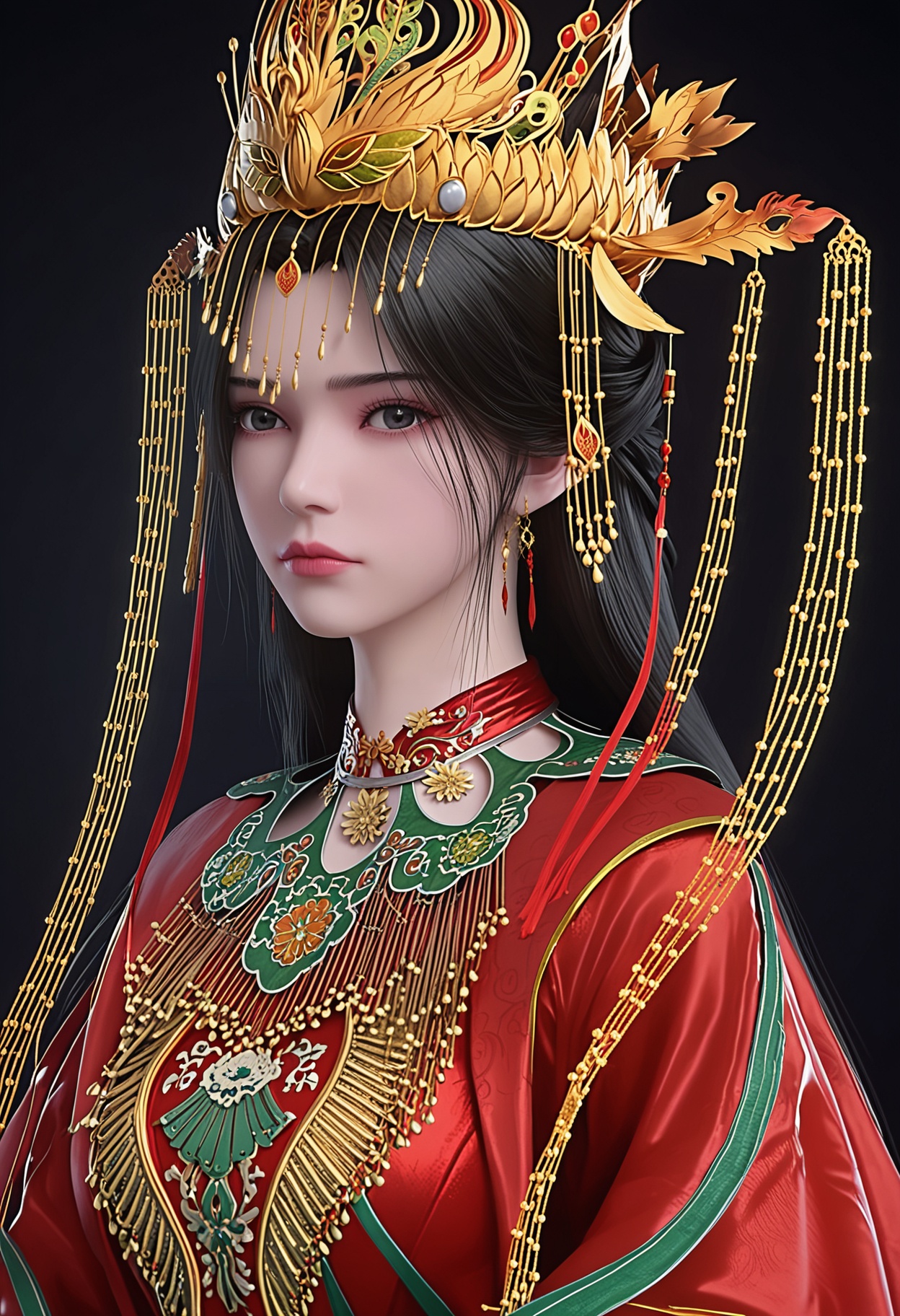 score_9,looking_at_viewer,upper body,large breasts,1girl,solo,long hair,chinese clothes,jewelry,hair ornament,black hair,dress,closed mouth,red dress,earrings,crown,realistic,long sleeves,brown hair,expressionless,tiara,wide sleeves,headdress,shoes,(simple background,pure black background,black background:1.1),perfect_anatomy,<lora:QQSponylimuwanhunfu:0.8>,