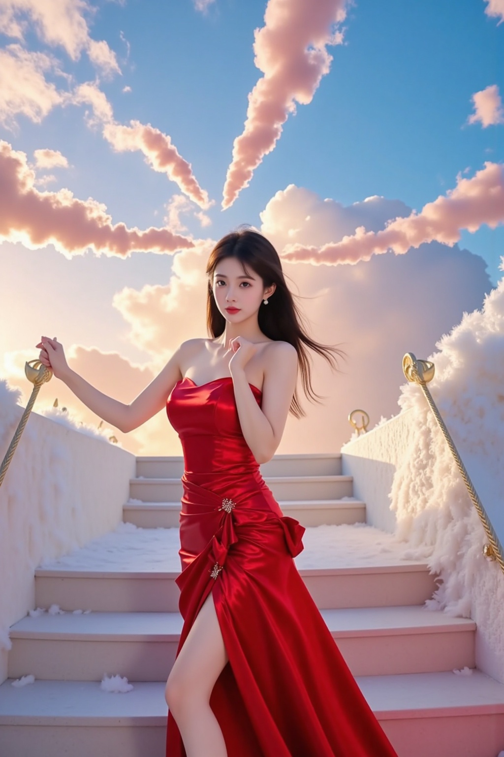 TYZ,1girl,solo,long hair,breasts,looking at viewer,brown hair hair,dress,bare shoulders,medium breasts,full body,earrings,indoors,high heels,lips,makeup,red dress,sunlight,lipstick,strapless dress,stairs,(((There are Suspended staircase above the sky))),(((Heaven, beautiful detailed sky))),beautiful detailed cumulonimbus,(((extremely detailed CG unity 8k wallpaper, masterpiece, best quality, ultra-detailed))),(best illumination, best shadow, an extremely delicate and beautiful),dynamic angle,floating,finely detail,(bloom),(shine),glinting stars,feather,nature,(sunlight),fairyland,extremely delicate and beautiful girls,full body,xuer Haute couture dress,(very aesthetic, best quality,ultra detailed),intricate details,dark theme,soothing tones,high contrast,natural skin texture,soft light,sharp,masterpiece,best quality,(ray tracing),sunlight,(scenic view:1.1),