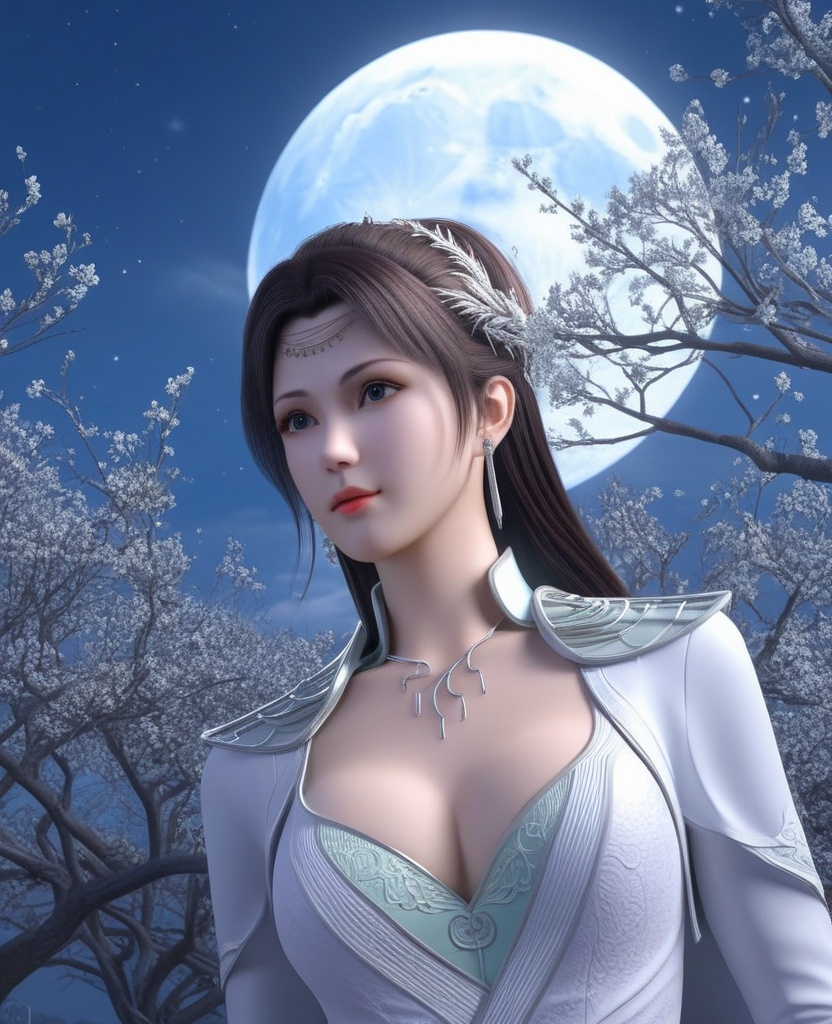 <lora:576-DA-XL-斗破苍穹-云韵-白服:0.8>(,1girl, ,best quality, ),looking at viewer,  ,ultra detailed background,ultra detailed background,ultra realistic 8k cg, ,masterpiece, (( , )),, ,fiction,mole,,      ,(cleavage), (),  ,see-through, lace, (((, solo, moon, , bare_tree, )))(cleavage),