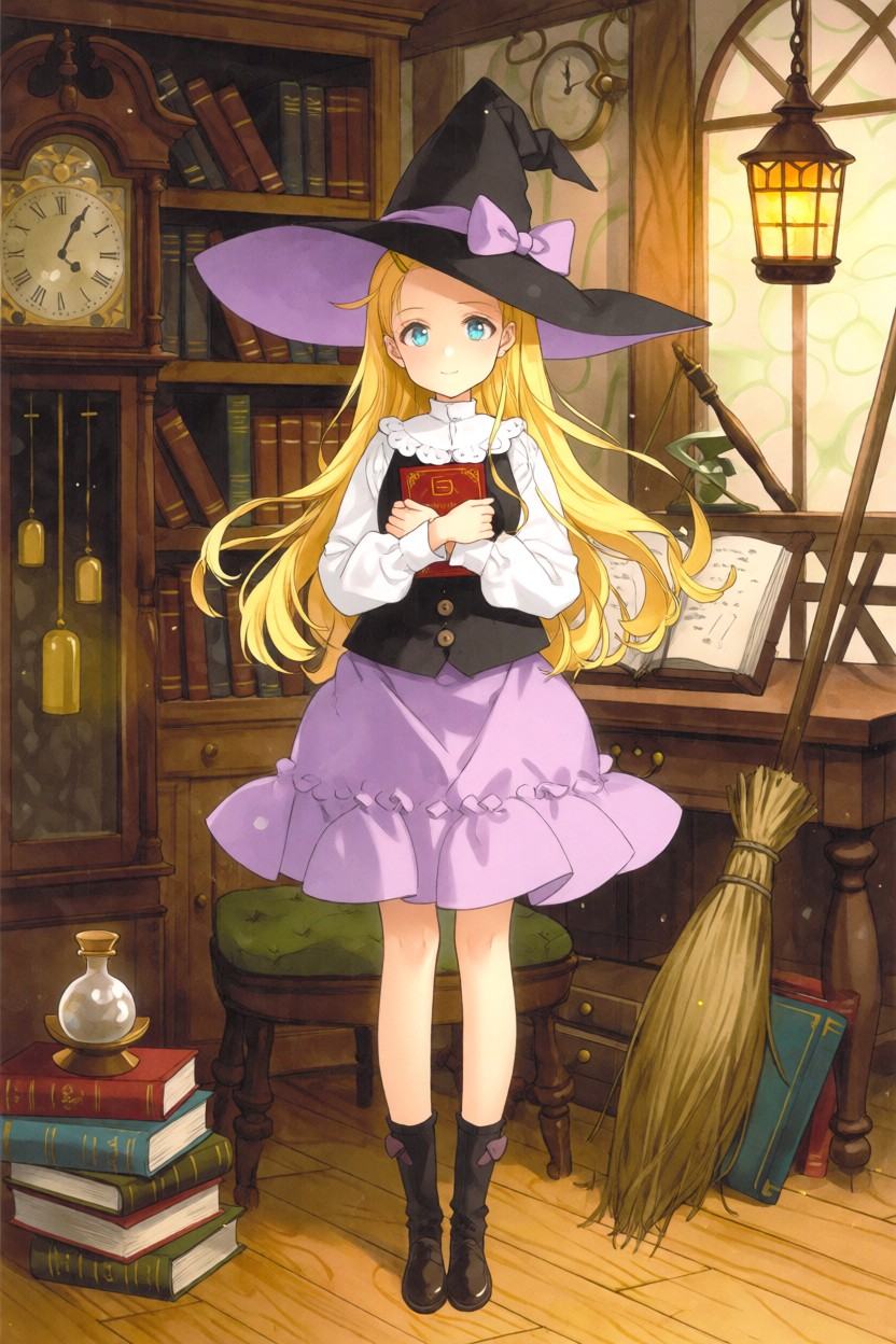 Full body anime concept art of a young blonde witch girl standing in the center of a cozy,  magical wooden room. She has l...