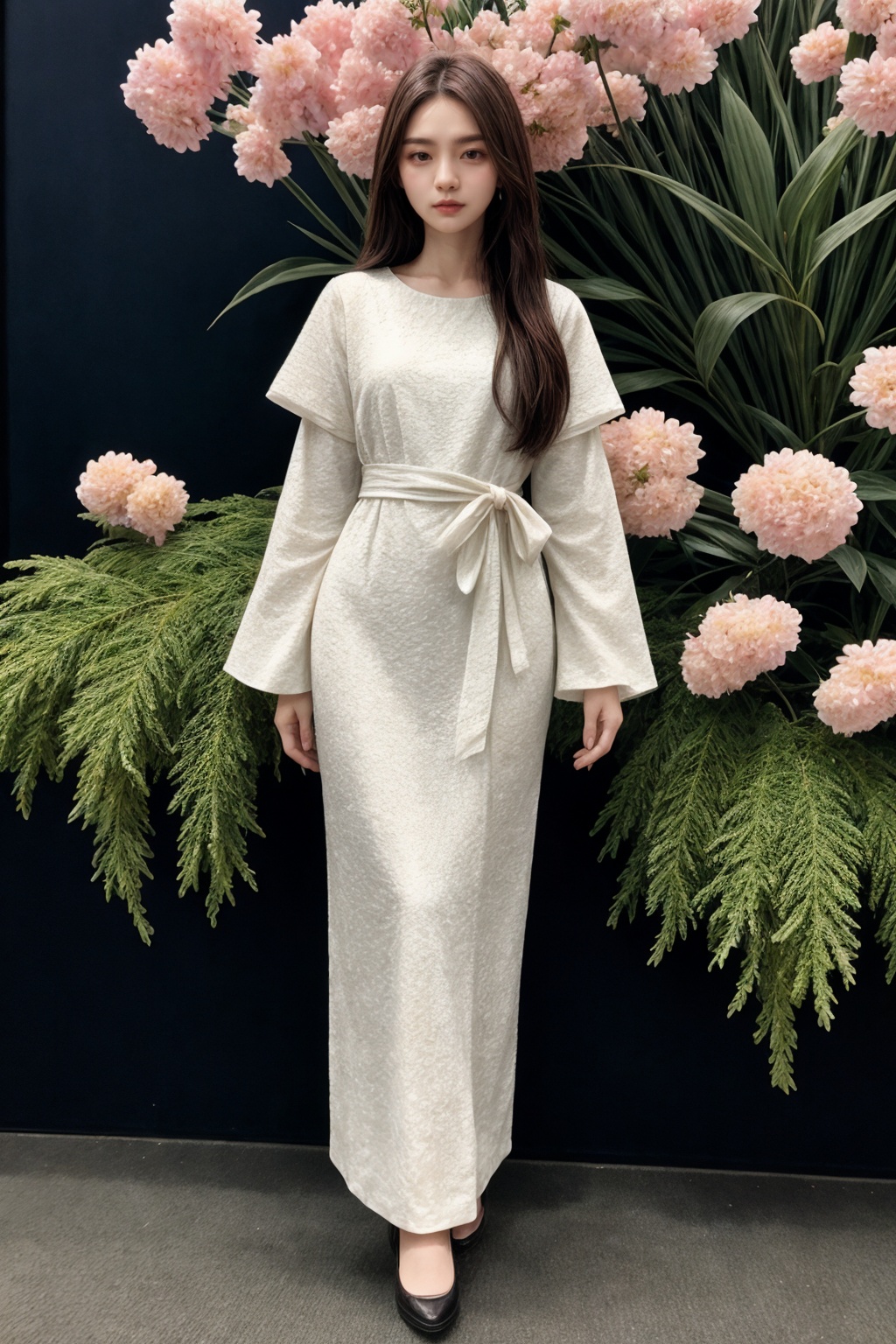 (medium full body shot:1.2), woman,long hair,Detailed skin, extreme realistic skin detail, detailed face, (skin imperfections:0.3), dress, (film grain:0.5), dynamic lighting, intricate, (skin pores:0.2), RAW photo, ultra detailed, real life,flower background,