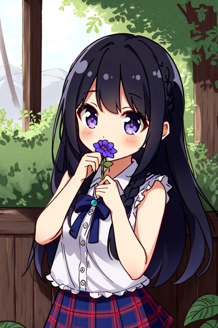 ((HRD, HUD, 8K)),((masterpiece, best quality)), highly detailed, soft light,1girl, solo, flower, skirt, morning glory, shirt, braid, purple flower, holding, holding flower, plaid, sleeveless, long hair, blue flower, plant, leaf, looking at viewer, bangs, purple eyes, sleeveless shirt, plaid skirt, purple skirt, purple hair, frills, hand up, covered mouth, cowboy shot, black hair, shirt tucked in,