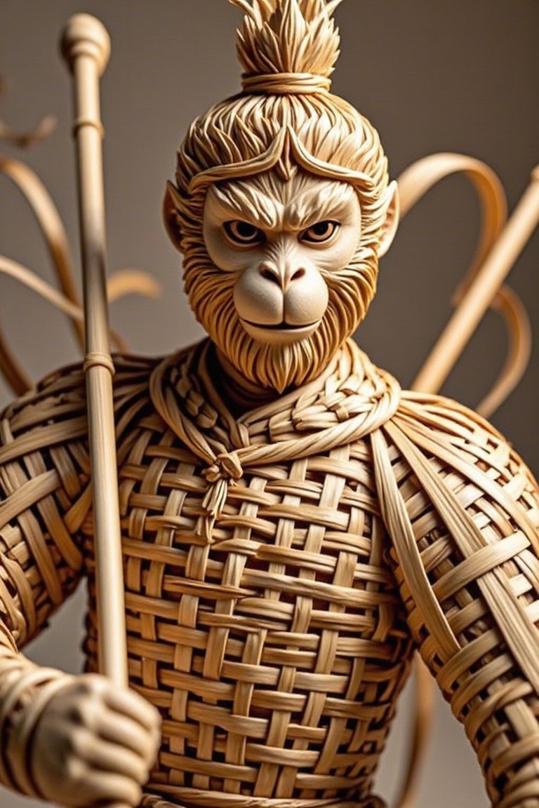 Handwoven,solo,looking at viewer,fine and dense weaving of bamboo strips,creative design,bamboo silk bamboo weaving primary color,simple background,holding,upper body,weapon,sword,holding weapon,armor,blurry,no humans,helmet,polearm,holding polearm,full armor,plume,monkey king,sunwukong,a densely woven monkey king of bamboo strips,<lora:models/4414/f2697c8c.safetensors:0.8:0.8>