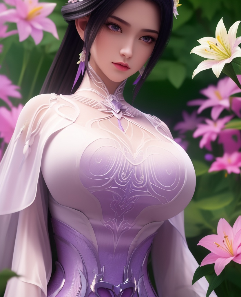 <lora:611-DA-诛仙-陆雪琪-V3:0.8>(,1girl, ,best quality, ),looking at viewer,  ,ultra detailed 8k cg,ultra detailed background,ultra realistic 8k cg,1girl, solo,(bare shoulders:0.85),(masterpiece, best quality),((oil painting style)),sexy young lady,(beautiful face and eyes),(upper body:1.5),(whole body:1.05),(single person:1.2),surrounded by flowers, (lily), roses, floret, vegetation, white, purple, purplish pink,Impressionism,colorful,(Breast size:1.3),(cleavage),