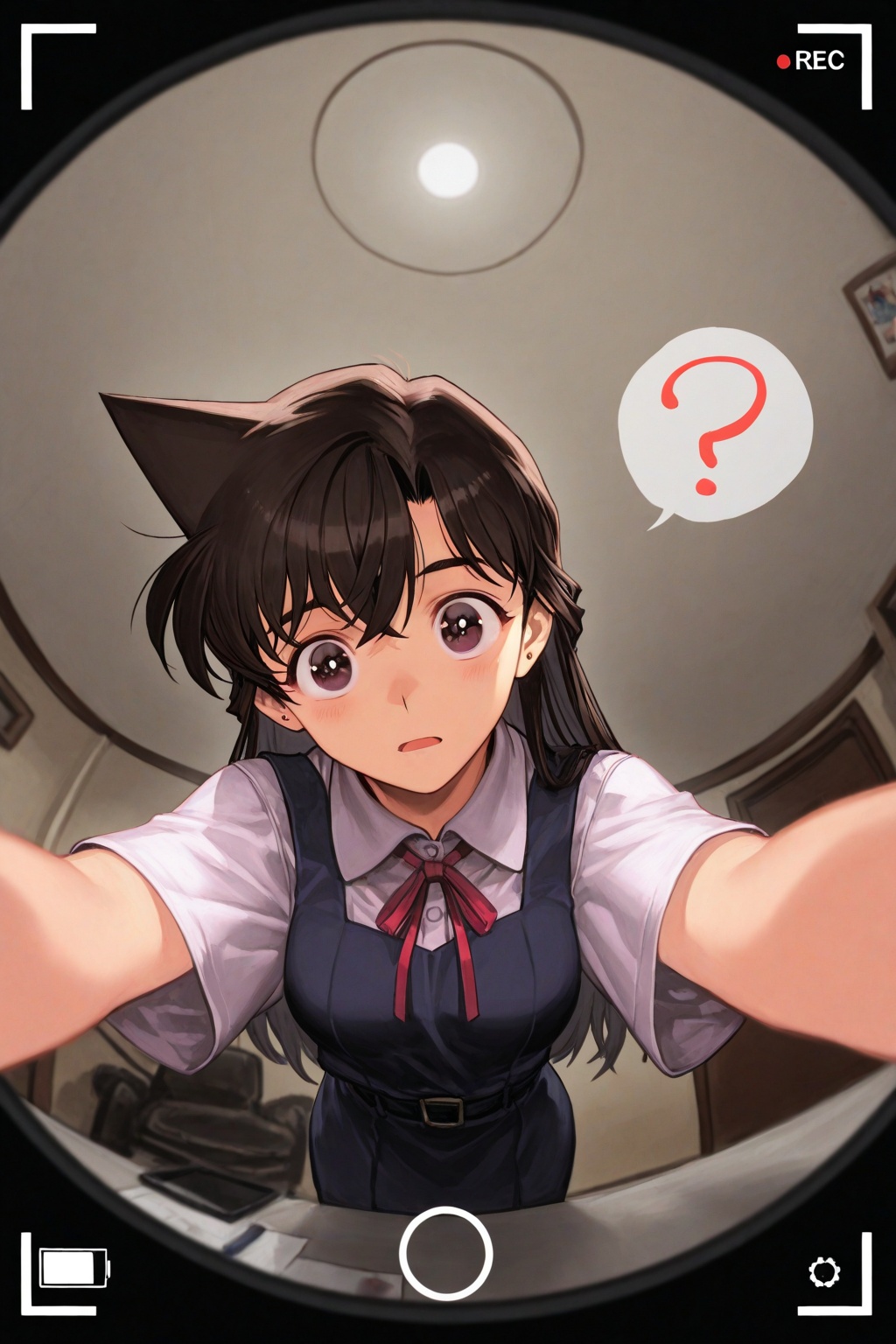 masterpiece, best quality, voyeurism, recording, viewfinder,  (hungry clicker:0.6),(rella:0.8),1girl,fisheye,(mouri ran), catching viewer,question looking,