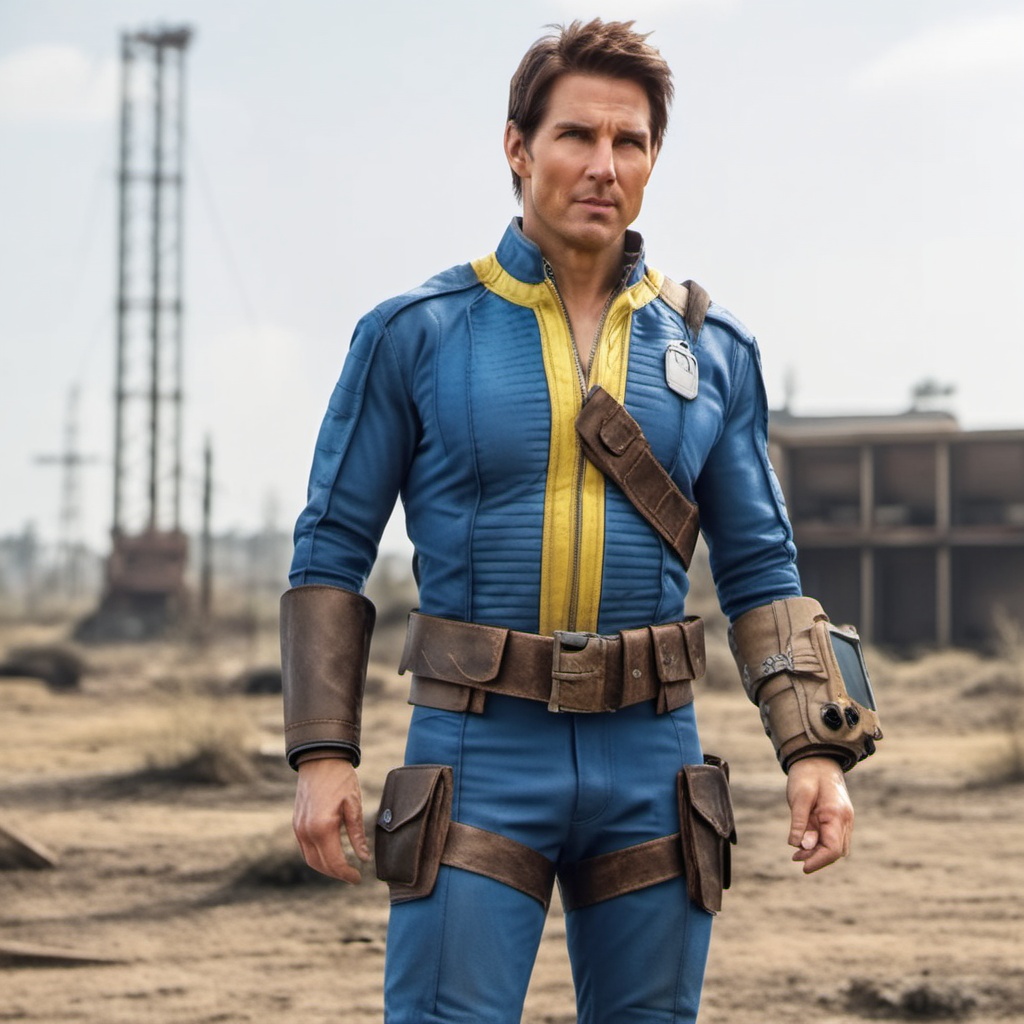 Dystopian style full body tom cruise wears a blue and yellow outfit,  a computer wrist,  a belt on Tensor.Art