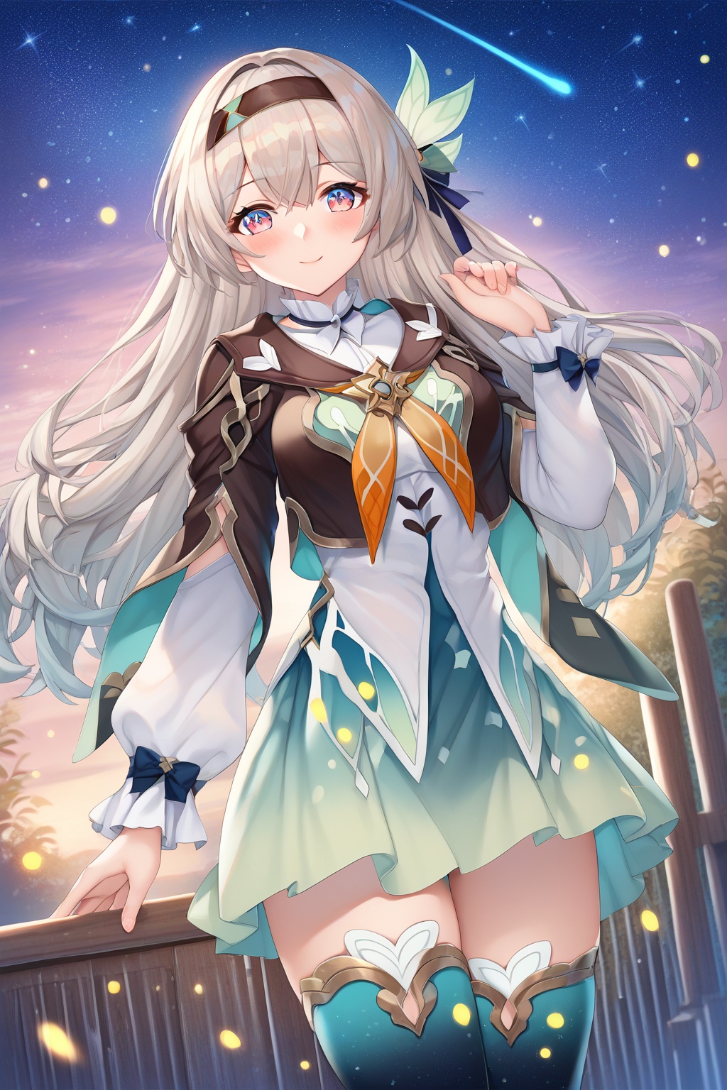 score_9,score_8_up,score_7_up,score_6_up,score_5_up,score_4_up,source_anime,source_cartoon,<lora:fireflyPXL-000008:1>,firefly \(honkai: star rail\), 1girl, solo, long hair, hairband, smile, multicolored thighhighs, black hairband, orange neckerchief, looking at viewer, hair intakes, jacket, multicolored eyes, skirt, long sleeves, bow, closed mouth, shirt, sidelocks, hair bow, hand up, ribbon, zettai ryouiki, hair ribbon, blue skirt, star \(sky\), blush, feet out of frame, grey hair, starry sky
