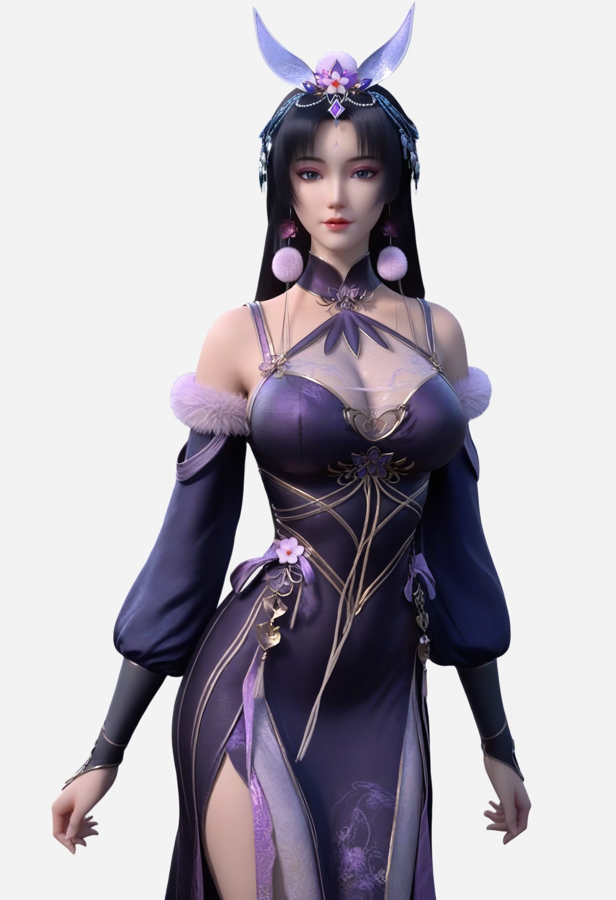 score_9,<lora:SF_MuYuMo_Pony_Realism2.3-000004:0.7>,1girl,solo,hair ornament,long hair,large breasts,black hair,dress,looking at viewer,white background,simple background,