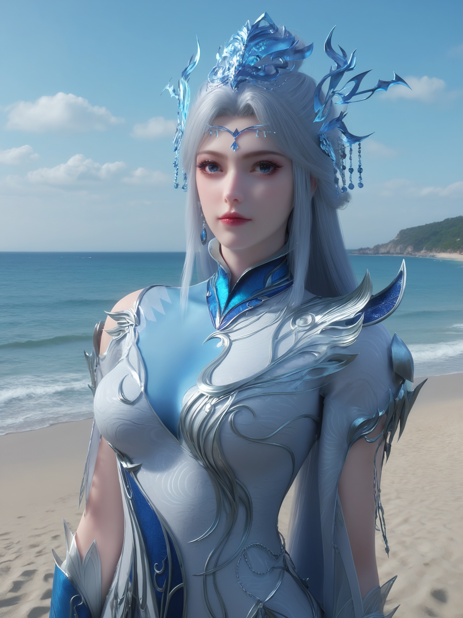 realistic style photo outstanding style,tall,cute,in her teens. Use soft lighting to cast gentle shadows on the subject,adding a touch of dimension to your images without compromising details,score_9,score_8_up,score_7_up,Seaside,beach,waves, <lora:宁雨蝶-殿主_重置版Pony:0.7>,long silver hair,blue eyes,delicate, sparkling eyeshadow and mascara,a delicate,intricate headpiece,wears an intricately designed,armor-like dress in shades of white and blue,featuring intricate patterns and metallic accents that resemble frost or ice,