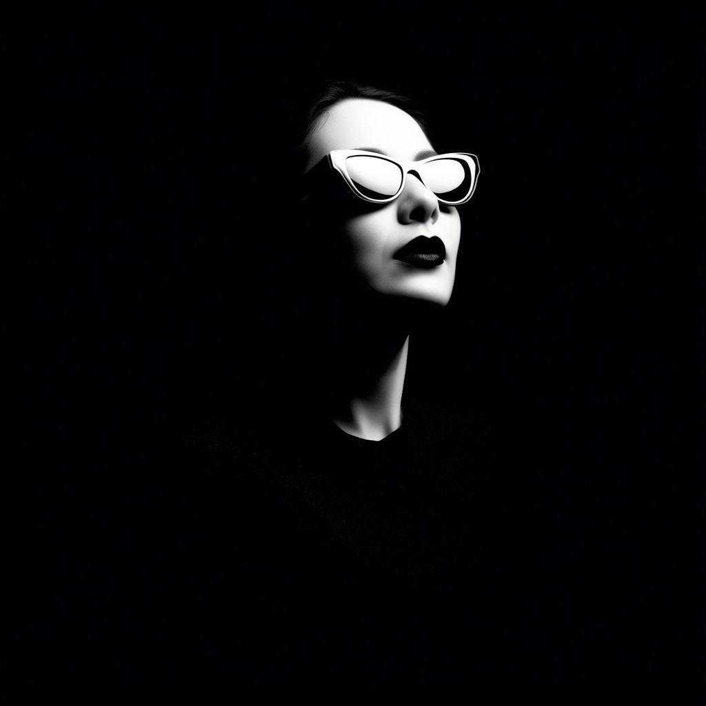 bportrait This is a black-and-white photograph of a woman with a light skin tone,  captured in a dramatic,  high-contrast...