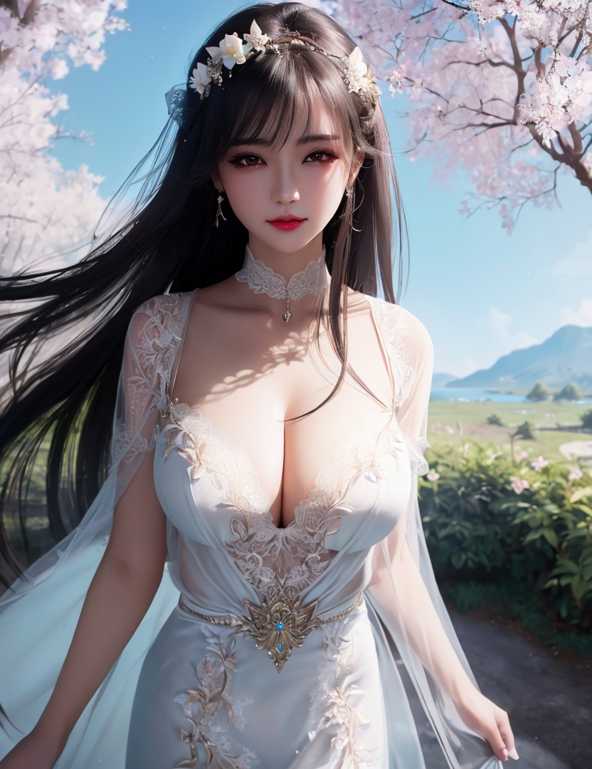 <lora:525-DA-斗破苍穹-萧薰儿-V2:0.8>(,1girl, ,best quality, ),looking at viewer,  ,, ultra detailed background,ultra detailed background,ultra realistic 8k cg,,masterpiece, (( , )), fiction,mole,  ,     ,see-through, lace, (cleavage),(((, solo, sun, , bare_tree, ))) age), (),