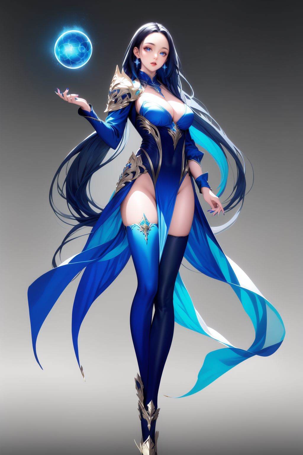 <lora:20250501_AgainGameCharacterLora:1>, 1girl, long hair, solo, breasts, thighhighs, black hair, jewelry, full body, earrings, blue eyes, asymmetrical legwear, gradient background, very long hair, shoulder armor, dress, cleavage, magic, mismatched legwear, parted lips, looking at viewer, asymmetrical clothes, detached sleeves, blue thighhighs, pelvic curtain, grey background, armor, medium breasts, parted bangs, leotard, blue hair, floating, standing, orb, pauldrons, highleg, blue dress, floating hair, multicolored clothes, floating object, groin, large breasts, fingernails, asymmetrical footwear, single thighhigh, white dress, multicolored hair, long legs, single pauldron, highleg leotard, white thighhighs, thighs, hands up, no panties, long sleeves, detached collar, simple background, nail polish, forehead, blue nails
