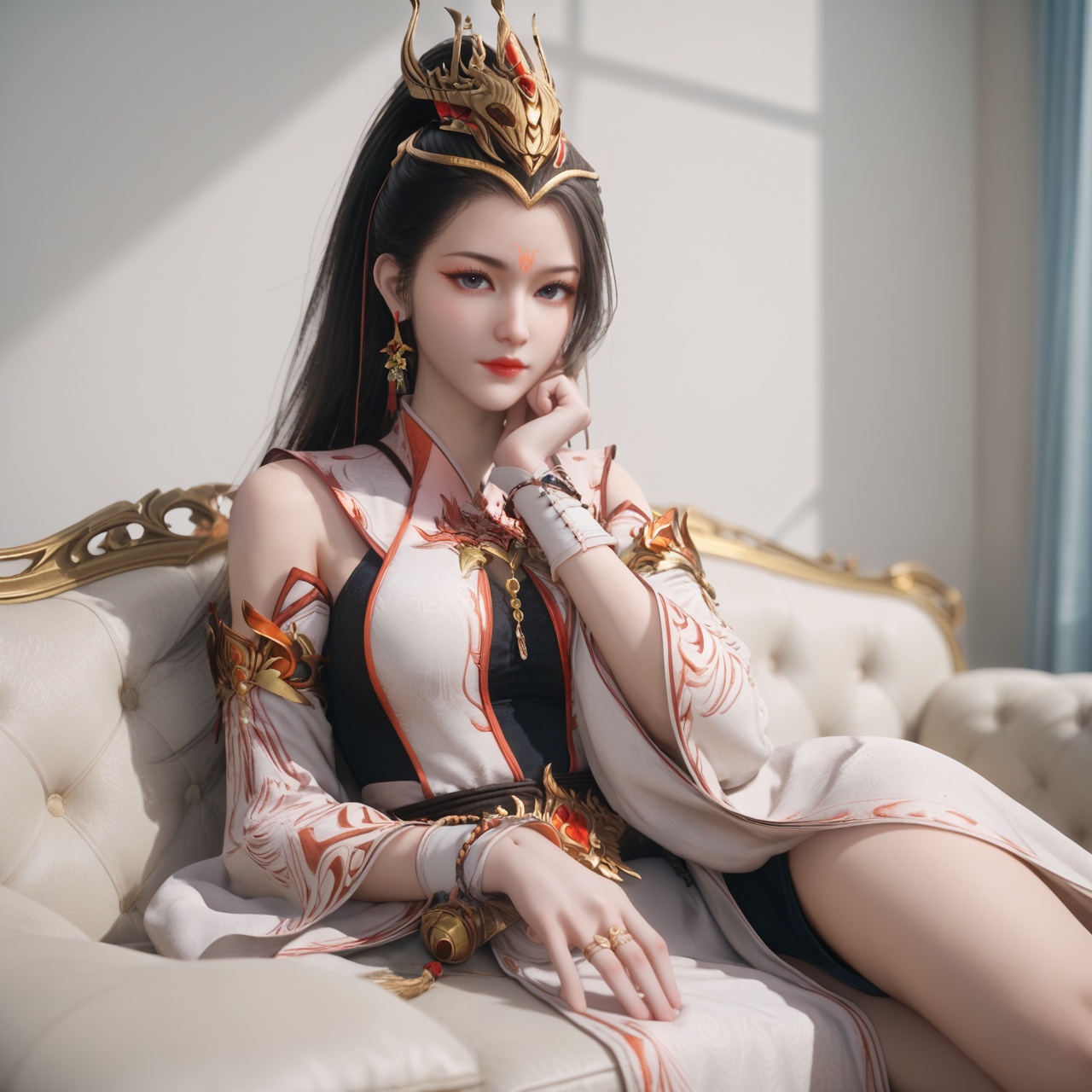 score_9,score_8_up,score_7_up,score_6_up,best quality,masterpiece,8k,simple background,sfw,bright,perfect hands,depth of field,<lora:酒玖-师兄啊师兄-pony:0.8>,jiujiu,1girl,solo,jewelry,forehead mark,earrings,dress,long hair,ponytail,hair ornament,closed mouth,looking at viewer,bare legs,pelvic curtain,makeup,large breasts,slender body,lying on couch,blue curtains,on side,head rest,