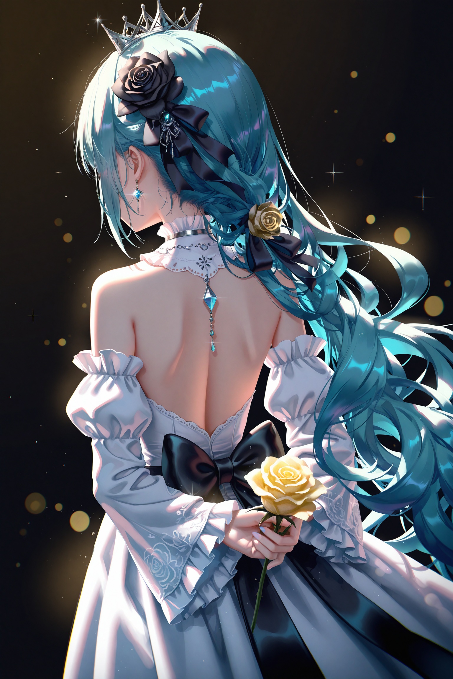masterpiece,very aware,highres,absurdres,newest,best quality,petite,high quality,chromatic_aberration,cinematic_angle,dutch angle,photorealistic,//,artist:torino aqua,artist:rhasta,artist:wlop,artist:ke-ta,artist:hiten \(hitenkei\),//,best,1girl,solo,flower,dress,long hair,holding flower,holding,white dress,hair ornament,rose,detached sleeves,from behind,hair flower,jewelry,back focus,earrings,crown,bare shoulders,arms behind back,black background,very long hair,light particles,back,bare back,backless outfit,wide sleeves,cowboy shot,black ribbon,backless dress,aqua hair,frills,frilled sleeves,black flower,simple background,long sleeves,ribbon,hatsune miku,black rose,facing away,blue hair,detached collar,standing,glint,yellow flower,strapless dress,strapless,median furrow,white sleeves,bow,frilled dress,yellow rose,back bow,sparkle,backlighting,puffy sleeves,dark background,wavy hair,nape,black bow,collar,hair ribbon,<lora:[Alicia]konya2up-000024p:0.8>,