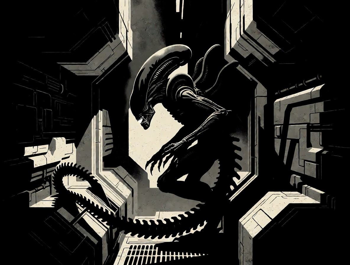 Subject and actionA massive Xenomorph dominates the center of the frame,  its elongated skull and ribbed tail curling dyna...