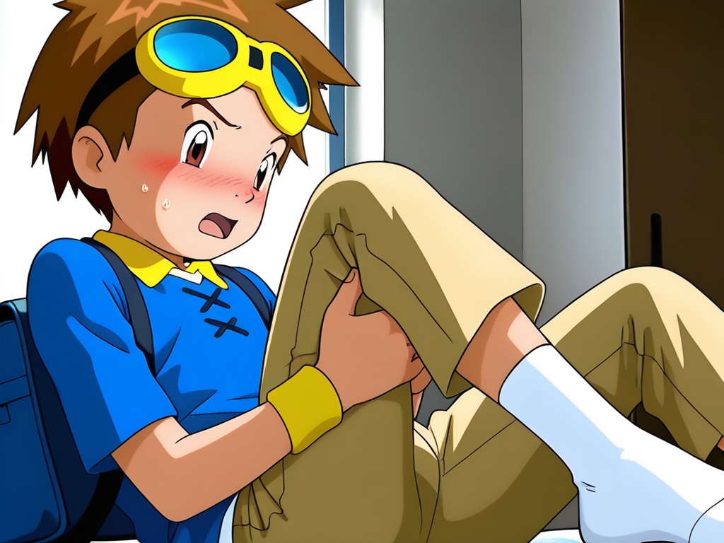 <lora:DT_Matsuda_Takato_XL:1>,digimon tamers,do not split pictures,NSFW,best quality,best detail,masterpiece,male focus,indoors,elementary school bag,1boy,male_child,petite,short hair,brown hair,blue clothes,beige trousers,goggles on head,reddish brown eyes,(long eyebrows:0.8),socks,surprised,flustered,perfect hands,(5fingers:1.3),correct anatomy,huge filesize,available light,mid_shot,photorealistic,