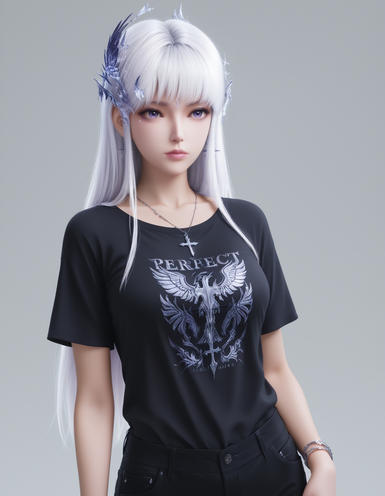 masterpiece,best quality,realistic,cinematic,detail eyes,(ultra-detailed),perfect composition,intricate details,absurdres,detailed face,high quality,high res,8K,white hair,purple eyes,hair_ornament,<lora:X_shengcaier_f_IL4.0:0.8>,1girl,solo,jewelry,shirt,black shirt,necklace,pants,print shirt,grey background,black pants,bracelet,simple background,t-shirt,cowboy shot,short sleeves,ring,clothes writing,fashion,cross,medium breasts,