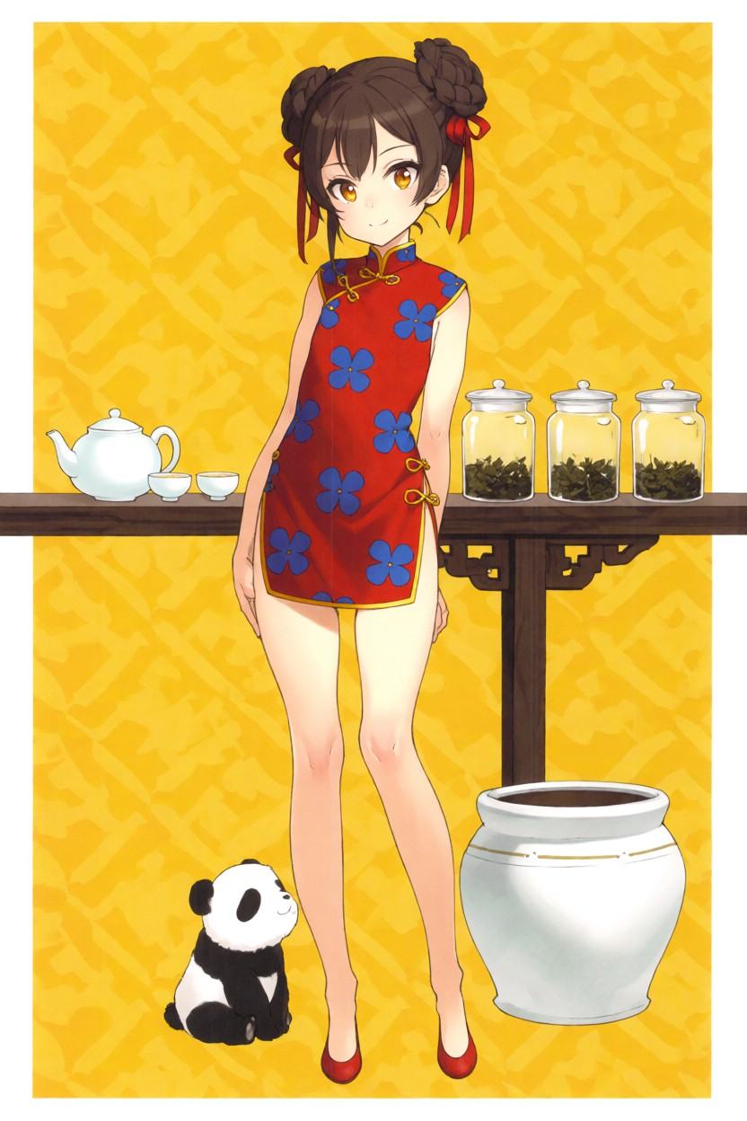 Full-body anime illustration of a cute girl with brown hair styled into large,  braided twin buns (odango) secured with re...
