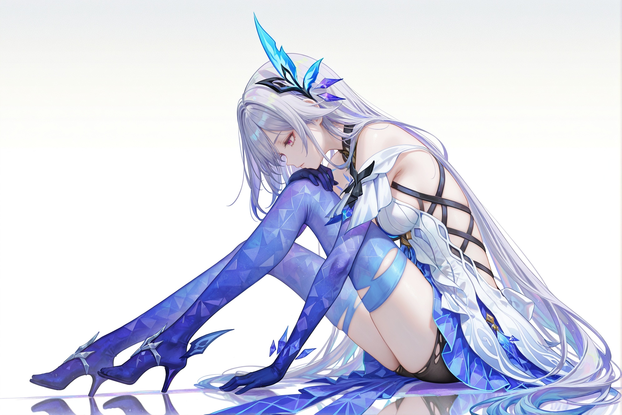 best quality,masterpiece,(ultra-detailed),(high detailed skin),((artist:reoen),(artist:fuzichoco),(artist:atdan),(artist:torino_aqua),year 2024:0.8)1girl,[artist:wlop],[artist:ningen_mame],artist:ciloranko,[[artist:rhasta]],artist:tidsean,colorful,full body,full shot,(solo:1.2),simple background,(white background:1.2),(white background:1.1),<lora:sikknew-ill-Tanger:0.9>,Skirk \(genshin impact\),clothes: def white short dress,Skirk hair ornament,def elbow gloves,1girl,long grey hair,thighhighs,bangs,profile,head on knee,sitting,