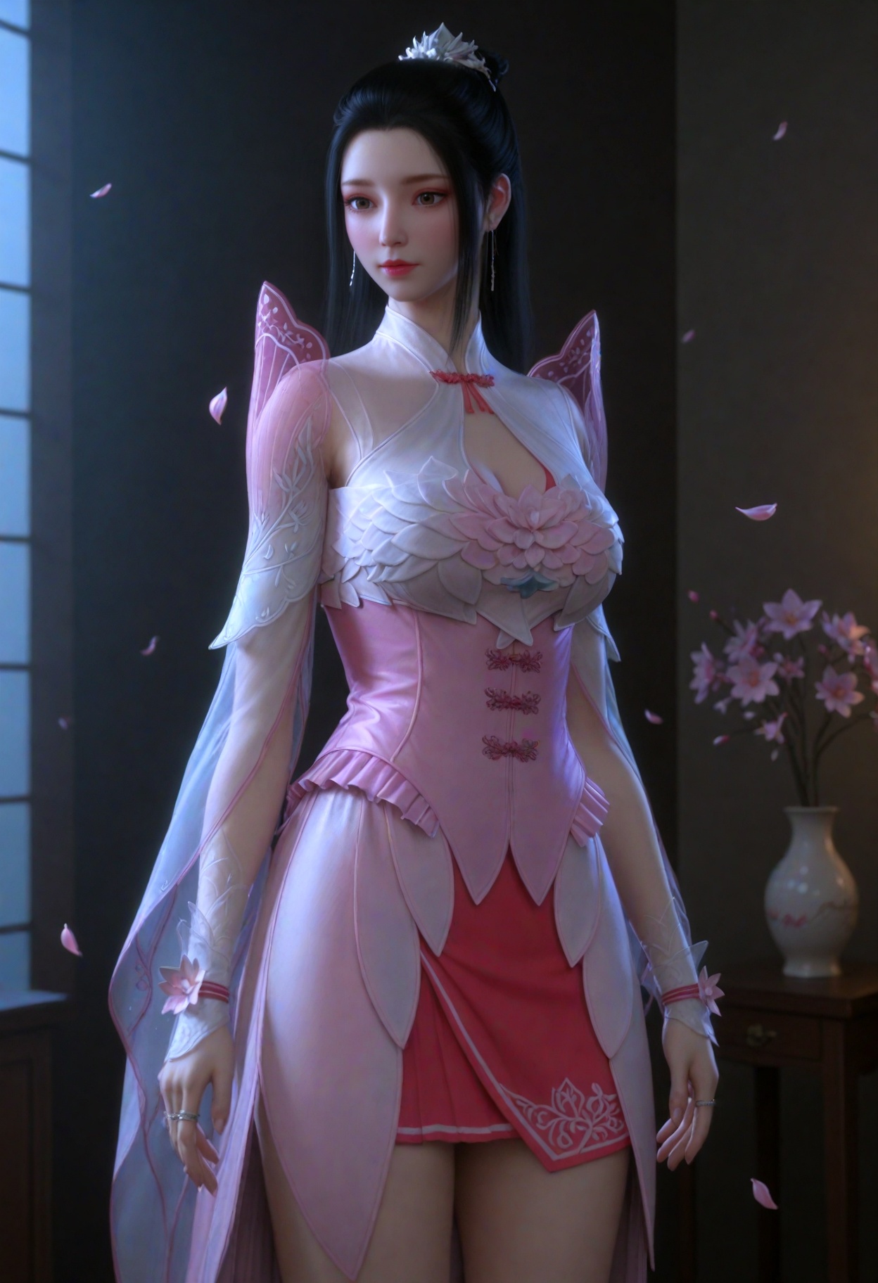 (cowboy shot:1.2),(gigantic breasts:0.6),(slender:1.3),(looking_at_viewer:1.1),(masterpiece:1.1),(best quality:1.2),(intricate details),dim lighting,(smog:1.3),(Dark room:1.3),(dim lighting:1.3),peach blossom,falling petals,<lora:YQ_li光辉v5_薰儿粉衣_V1:0.8>,1girl,q1528437228,solo,black_hair,long_hair,dress,hair_ornament,pink_dress,ponytail,jewelry,hair_bun,earrings,see-through_sleeves,see-through,single_hair_bun,long_sleeves,skirt,brown_eyes,corset,flower,ring,white_dress,realistic,thighhighs,cleavage_cutout,masterpiece,(best quality),(intricate details:0.9) BREAK masterpiece,(best quality),(intricate details:0.9),(realistic skin:1.2),
