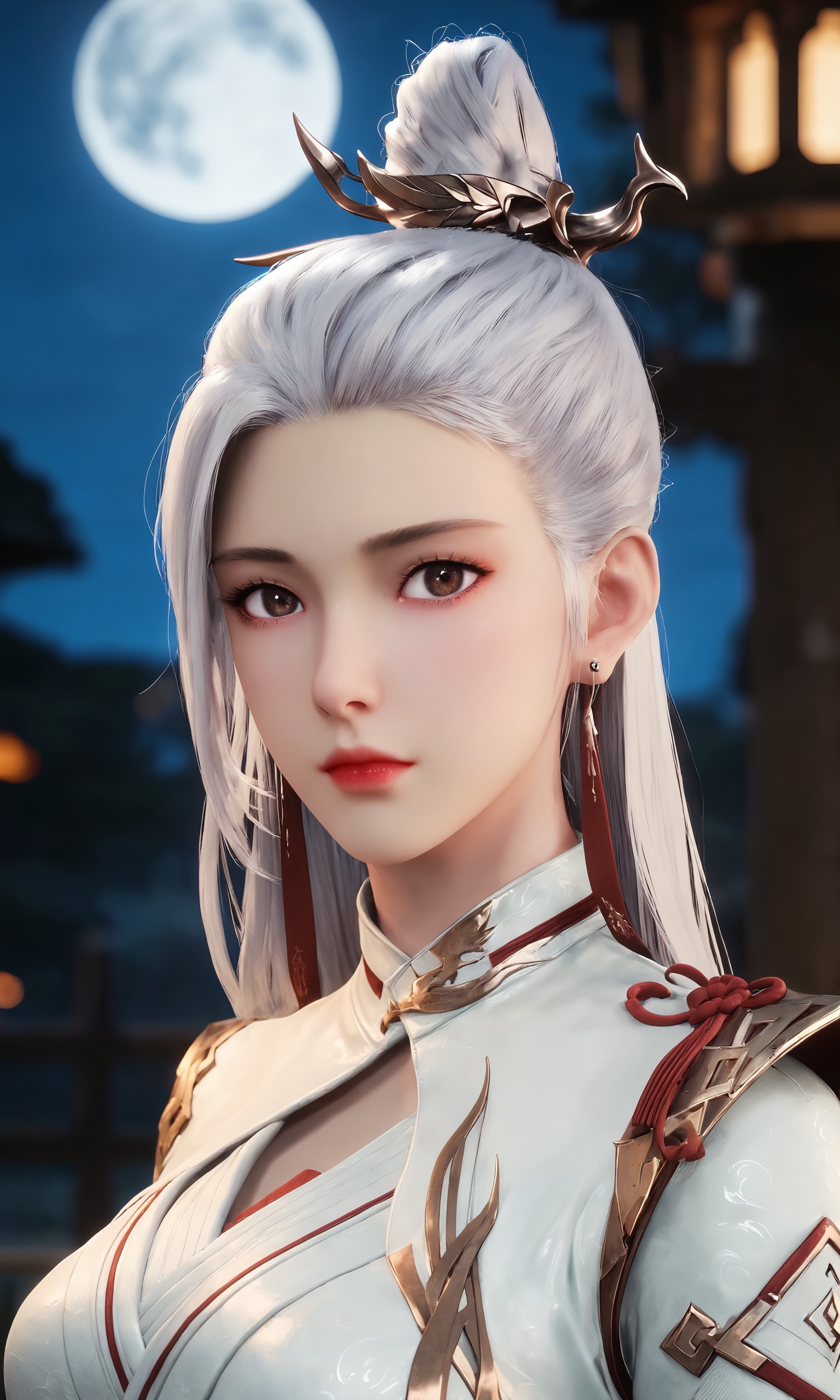<lora:天相-白惜Pony:0.8>,1girl,white hair,jewelry,earrings,long sleeves,sash,long hair,hair ornament,brown eyes,hair stick,single hair bun,hair bun,white dress,, 1girl,solo,shiny,shiny_hair,upper_body,fair_skin,white_skin,shiny_skin,shiny,Ivory_skin,looking at viewer,cinematic lighting,volumetric lighting,solo focus,blurry background,depth of field,night,sky,night sky,full moon,moonlight,