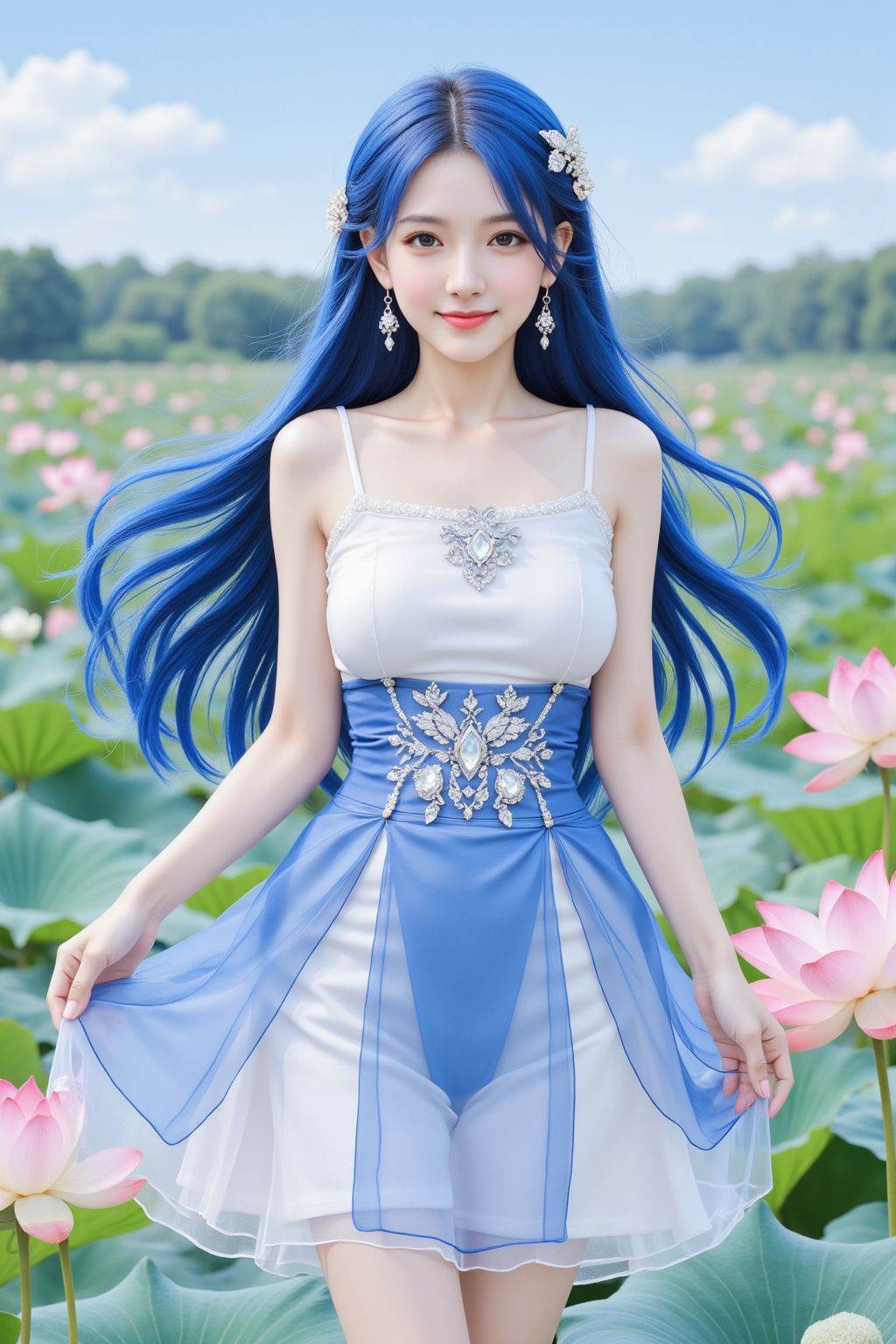 1girl,jewelry,lotus,solo,flower,long hair,hair ornament,blue and white dress,smirk,earrings,blue hair,sheer pleated skirt,outdoors, <lora:20251211_TinFlux1ClothesSliderLora_v1A:0.7>