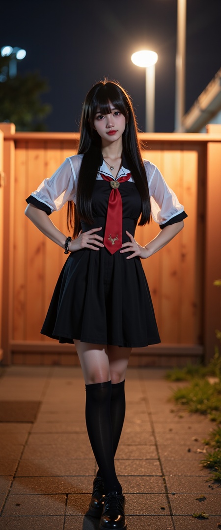 A photo-realistic shoot from a front camera angle about a young Asian woman dressed in a school uniform poses confidently outdoors at night, The image also shows a wooden fence and street lamps in the background, On the middle of the image, a young Asian woman with long black hair, wearing a black dress with white sleeves, a red tie, and black shoes, standing with her hands on her hips, looking directly at the camera with a serious expression, She has a slim body and is wearing black thigh-high socks, Her hair is styled in a long hair style with a side part, She is wearing a necklace and a bracelet on her left wrist, The lighting is soft and warm, casting shadows on the ground,  , The soft and warm lighting from the street lamps creates a cozy atmosphere, contrasting with the cool night and casting dramatic shadows that accentuate the woman's confident pose and the school uniform's details,,(((photo raw)), Underlighting and Rembrandt Lighting Split Toning and Gaussian Blur and Reflection/Refraction and Watercolor/Painting Effect , ,),from front,Alternate Reality, Stylish Fashion, Creative Art, Unique Aesthetic,Alternative Style,reflective light,glowing,energy, reflection ,wearing see-through Hanfu,