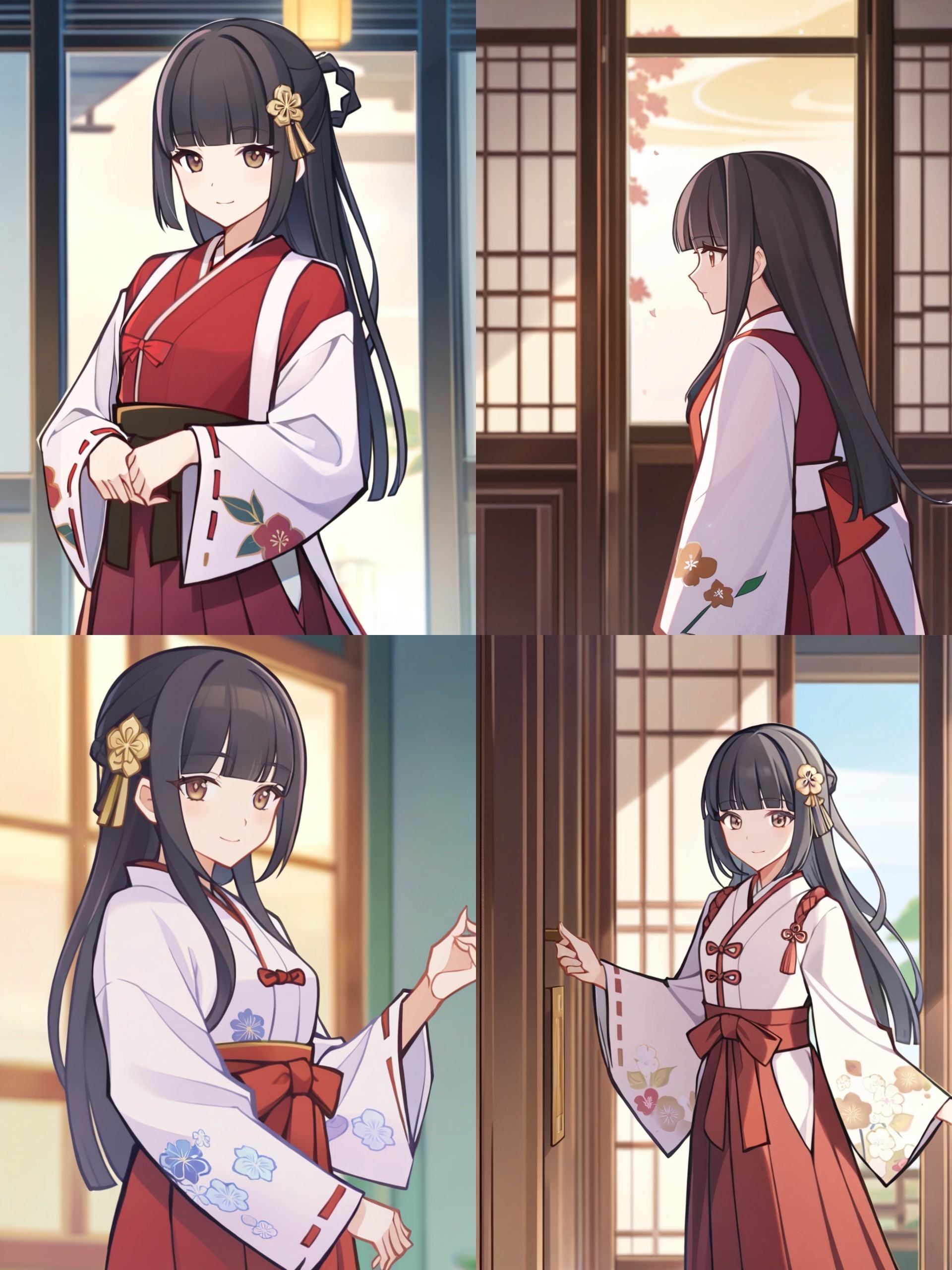 best quality,masterpiece,(1girl:1.1),((blunt bangs)),(solo),black_hair,brown_eyes,floral_print,hair_ornament,hair_rings,hakama,hakama_skirt,japanese_clothes,kimono,long_hair,long_sleeves,(miko:1.2),red_hakama,<lora:liyueFP8v2:0.7>,