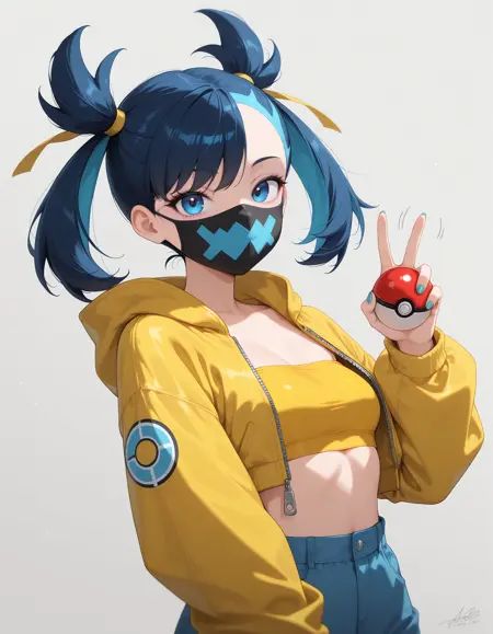 embedding:IllusP0s, masterpiece,best quality,amazing quality,ultra detailed, very aesthetic,absurdres,general,highres,very newestcanari \(pokemon\), 1girl, bandeau, blue eyes, blue pants, cropped jacket, eyelashes, hand up, holding, holding poke ball, holding with gesture, hood, hood down, hooded jacket, jacket, long sleeves, looking at viewer, mask, mouth mask, multicolored hair, nail polish, open clothes, open jacket, pants, poke ball, quick ball, short twintails, signature, solo, twintails, upper body, v, white background, yellow bandeau, yellow jacket, zipper, zipper pull tab