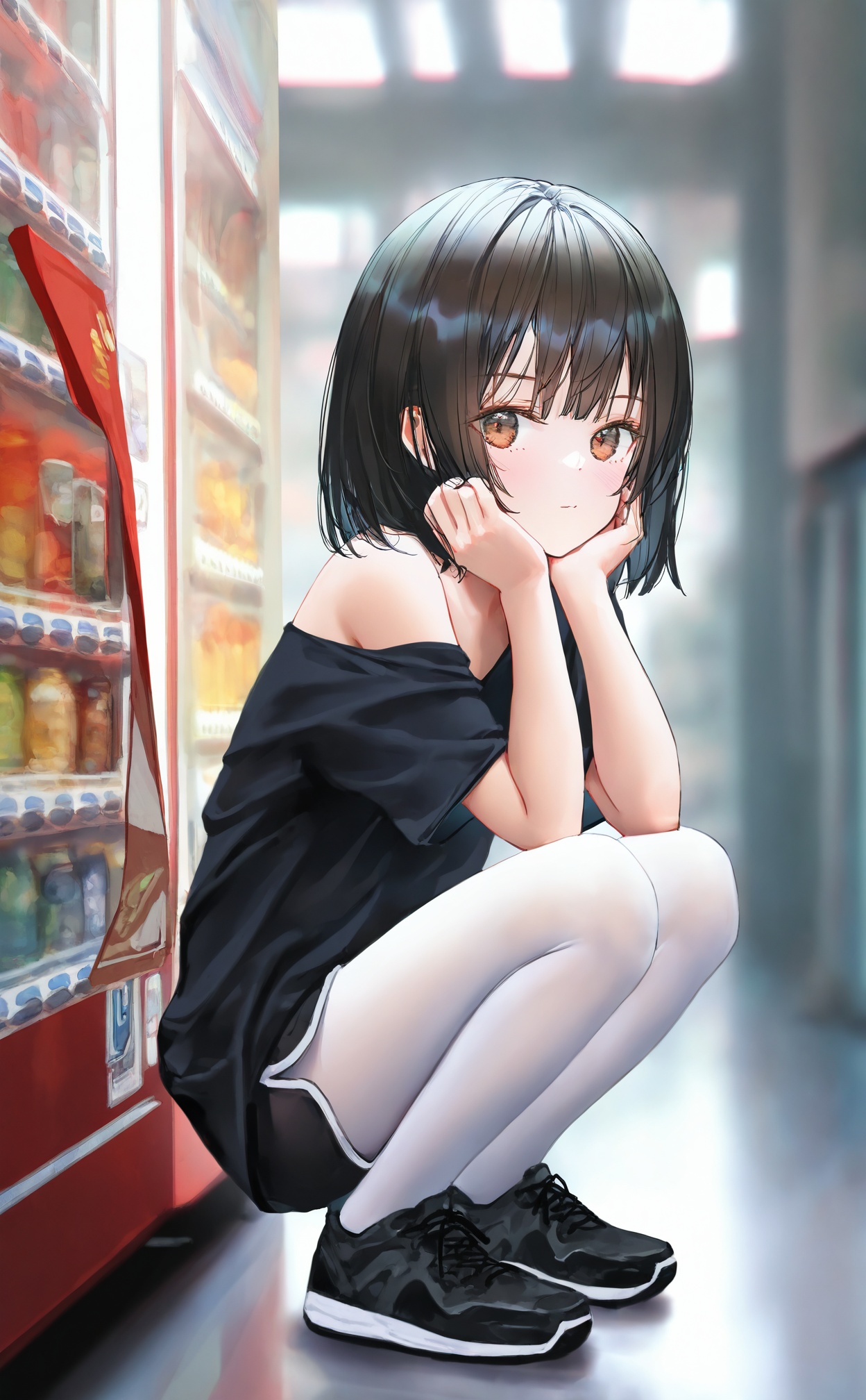 masterpiece,very awa,highres,newest,best quality,high quality,loli,chromatic_aberration,Light Blue Theme,//,1girl,squatting,white_pantyhose,pantyhose,solo,black_hair,shorts,black_shirt,shirt,looking_at_viewer,blurry_background,black_footwear,orange_eyes,blurry,black_shorts,shoes,medium_hair,short_sleeves,off_shoulder,short_shorts,single_bare_shoulder,short_hair,hand_on_own_face,closed_mouth,hand_on_own_cheek,pantyhose_under_shorts,vending_machine,depth_of_field,hand_on_own_knee,head_rest,indoors,hand_on_own_chin,brown_eyes,//,(artist:ningen_mame:0.9),(artist:sho_(sho_lwlw):0.9),(artist:rhasta:0.9),(artist:wlop:0.7),(artist:ke-ta:0.6),(fkey:0.5),(fuzichoco:0.6),artist:chen bin,(artist:atdan:0.8),(artist:hyouuma:0.8),//,official art,depth of field,detailed light,blurry background,cinematic lighting,ray tracing,ultra detailed,god rays,backlighting,photo background,chromatic aberration,volumetric lighting,depth of field,blurry background,cinematic lighting,very aesthetic,