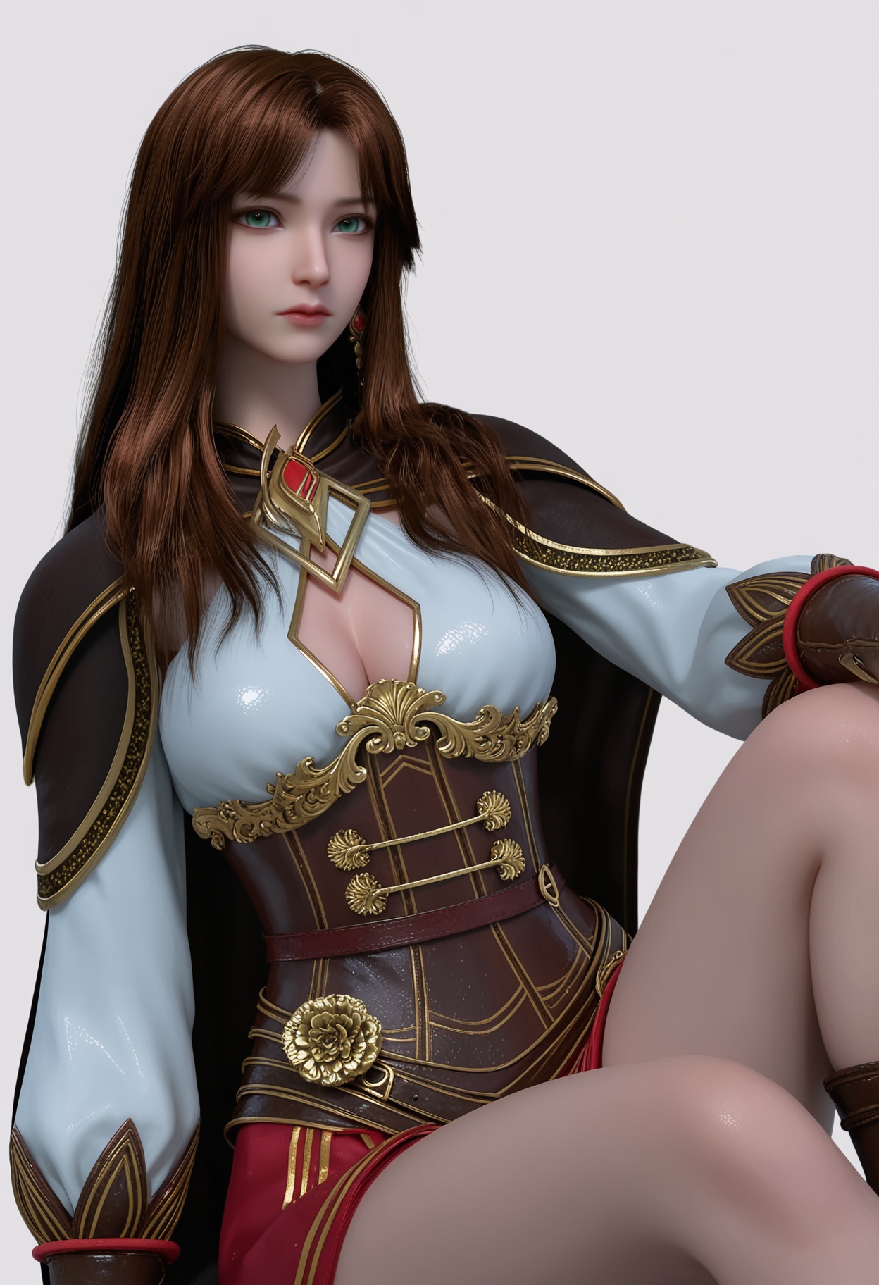 score_9,high detail,best quality,shiny skin,shiny,hedisaixier,1girl,solo,green eyes,long hair,brown hair,white background,breasts,cleavage,simple background,closed mouth,cleavage cutout,clothing cutout,lips,long sleeves,cape,skirt,jewelry,realistic,earrings,corset,looking at viewer,thighs,<lora:QQSponyhedisaixierV1:0.8>,<lora:Pony_DetailV2.0:0.8>,<lora:皮肤凹痕:0.1>,