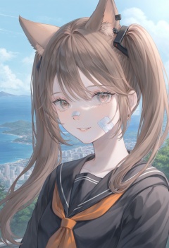 best quality, masterpiece,1girl, solo, angelina \(arknights\), animal ears, brown hair, twintails, fox ears, bandaid, long hair, earphones, bandaid on face, neckerchief, black shirt, shirt, parted lips, upper body, serafuku, black serafuku, school uniform, bangs, bandaid on nose, extra ears, portrait, earbuds, simple background, sailor collar, looking to the side, smile ,scenery, cloud, outdoors, sky, day, landscape, sunlight, blue sky, ocean, mountain, tree, light rays, road, nature, cloudy sky, building, city, horizon, cityscape, sunbeam, forest, water  <lora:poireXLlokr4f-000287:0.7>