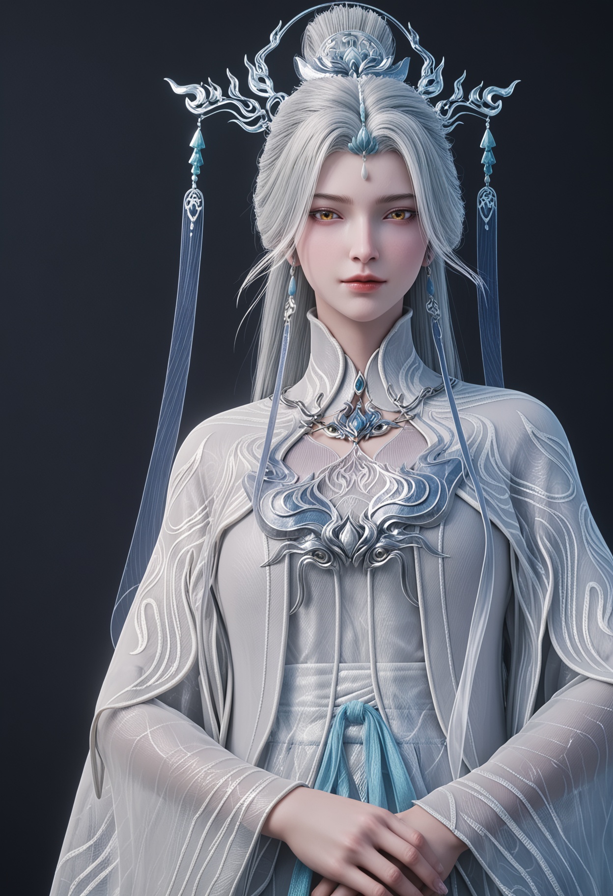 (cowboy shot:1.2),score_9,score_8_up,masterpiece,(best quality),intricate details,facing viewer,(looking at viewer:1.1),<lora:YQ_pony_jianma_fuzhuang2_V4:0.8>,q1528437228,solo,1girl,white hair,long hair,jewelry,hair ornament,earrings,hair bun,chinese clothes,dress,long sleeves,white dress,yellow eyes,wide sleeves,forehead mark,brown eyes,robe,single hair bun,tassel,facial mark,BREAKscore_9,score_8_up,masterpiece,(best quality),perfect anatomy,(hourglass),perfect face,(simple background,pure black background,black background:1.1),fair_skin,shiny_skin,Ivory_skin,