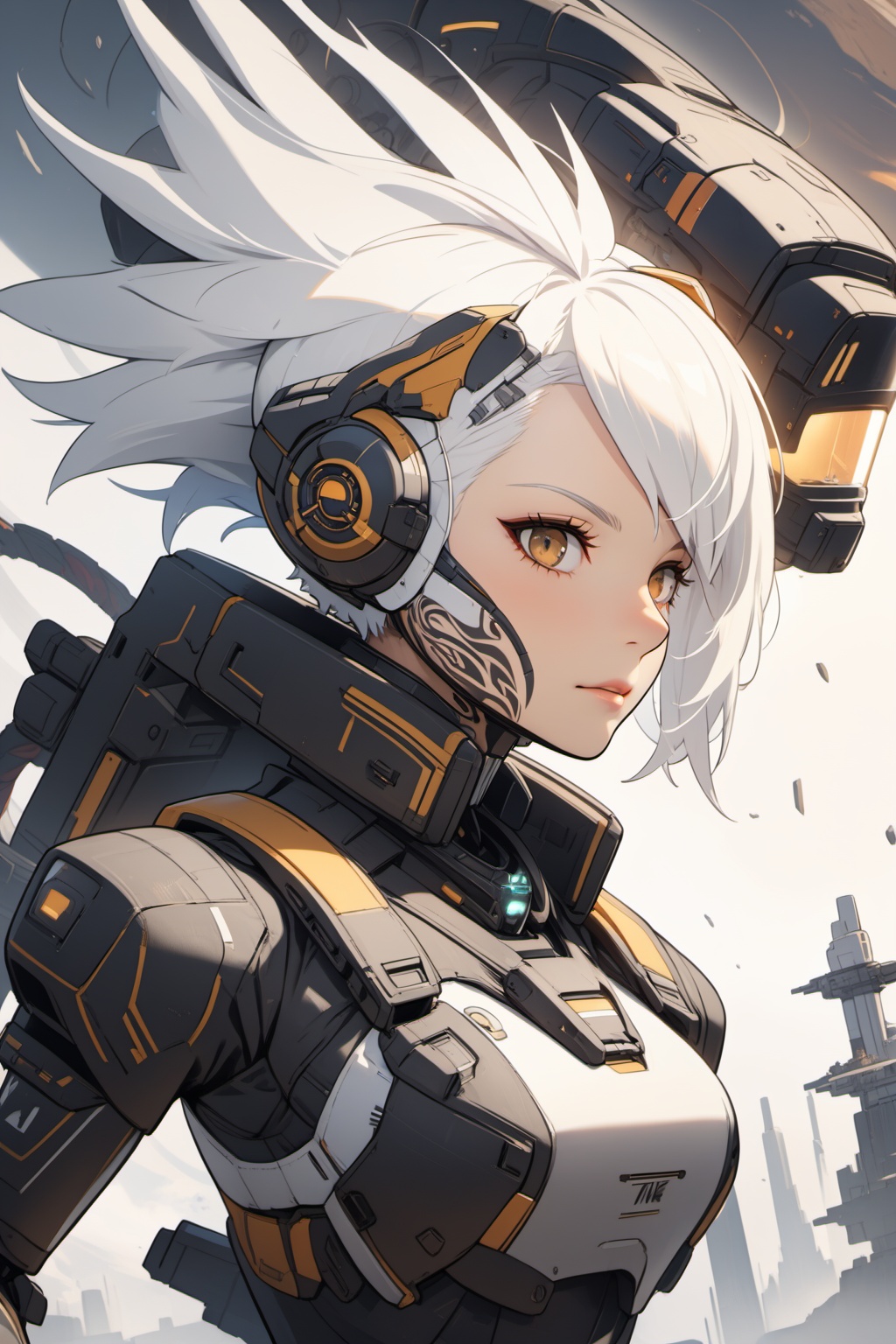 breathtaking,female mecha pilot,white hair,with a mohawk haircut,tribal tattoo on side of face,scifi,cyber,award-winning,professional,, (masterpiece,best quality:1.2)