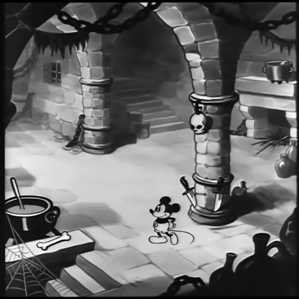 mickey_retro style image of Mickey Mouse standing in a large,  stone chamber with arched ceilings and thick pillars. Micke...
