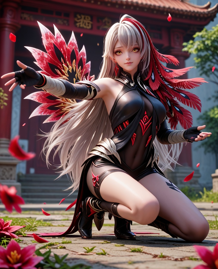 (oriental architecture, elegant decor, sophisticated style:1.1),(Crouching in a field of wildflowers, hands outstretched, looking like a part of nature,:1.1),(large breasts:1.2),<lora:XL16王者荣耀景影东君:0.95>,miss ying,black leather combat attire,yellow eyes,white hair,very long hair,hair ornament,single earring,fingerless gloves,feathers,asymmetrical legwear,jewelry,sash,, score_9,score_8_up,score_7_up,score_6_up,score_5_up,score_4_up,3d rendering,tag1,tag2, Cinematic Lighting,backlighting,, zPDXL3, zPDXL2,zPDXL, zPDXLxxx, zPDXLrl,