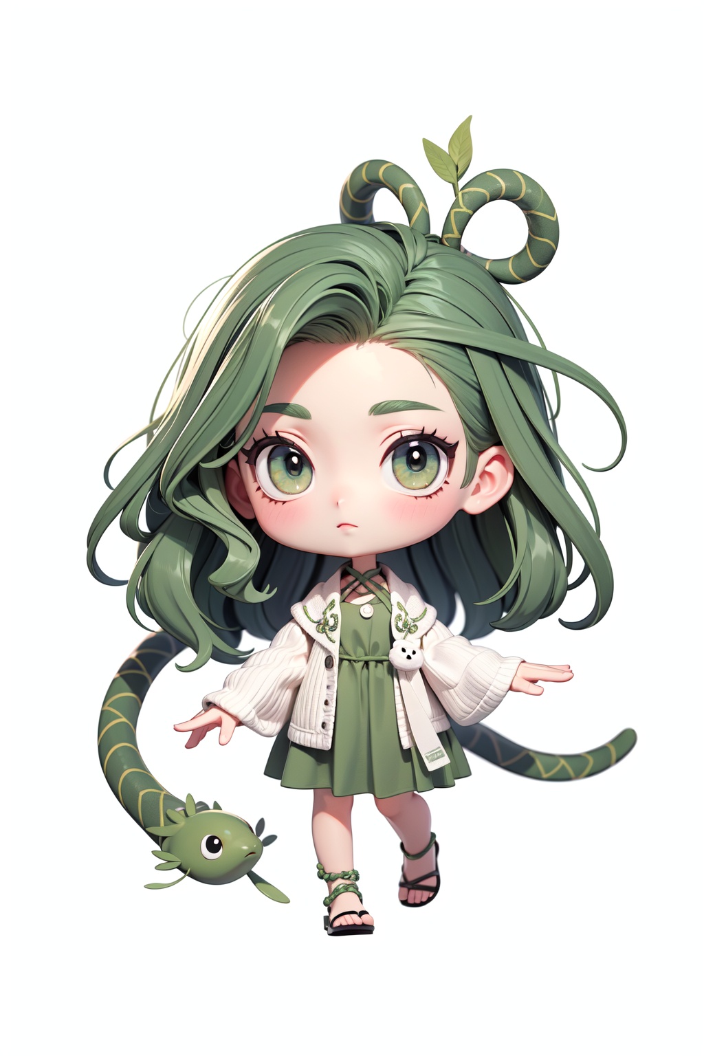 medusa with snakes for hair,in the style of Kate Beaton,chibi,white background,beige and green tones,simple details,minimalistic illustration,full body portrait,woman looking up to the sky,long dreadlocks,muted colors,white background,beige and olive green color palette,simple details,minimalistic illustration,fullbody,muted colors,isolated on a clean white background,, masterpiece,best quality,very aesthetic,absurdres,