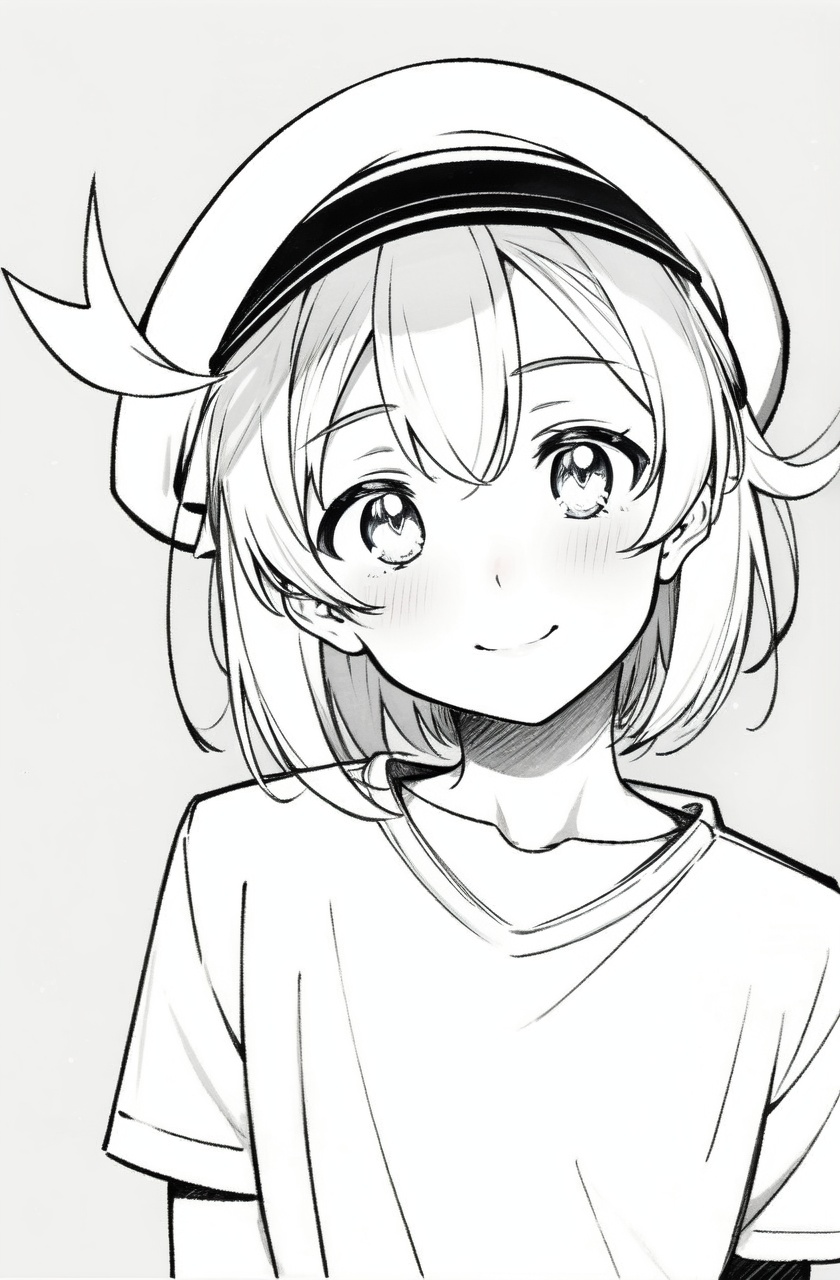 masterpiece,best quality,high quality,highres,Sketch,1girl,solo,cabbie hat,short hair,looking at viewer,blush,simple background,head tilt,smile,upper body,