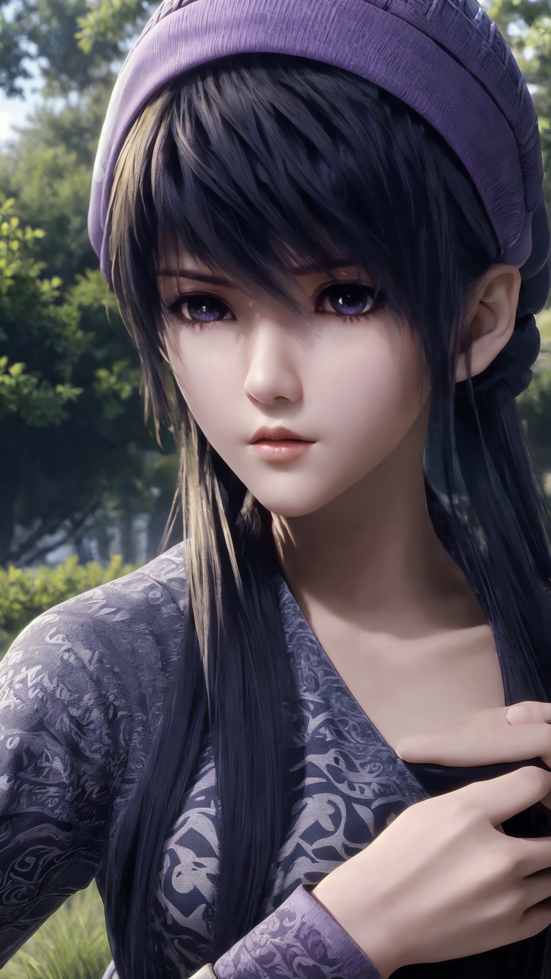 The image is a close-up portrait of a young woman with dark hair and a purple hat. She is wearing a black and gold outfit with intricate patterns and designs. The woman is holding a sword in her right hand and appears to be ready for battle. She has a serious expression on her face and is looking directly at the camera. The background is blurred, but it seems to be an outdoor setting with trees and a blue sky. The overall mood of the image is intense and dramatic.<lora:1.5端木蓉(1):0.8>,