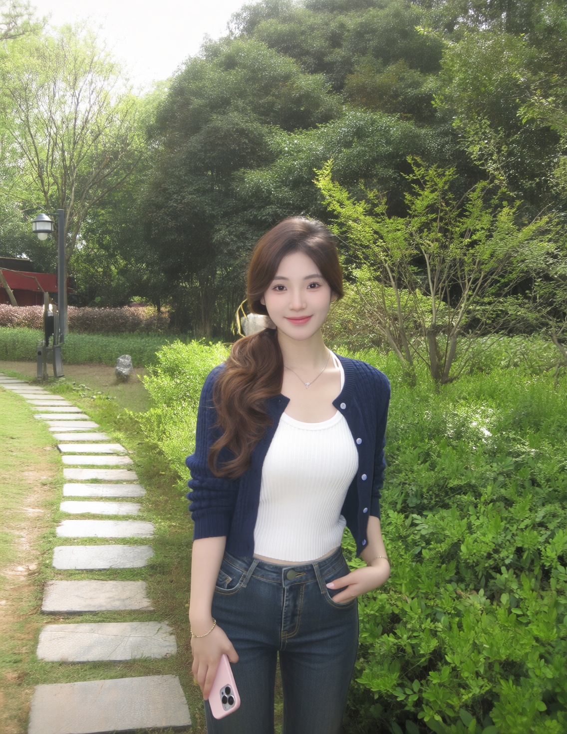ccd拍摄风格,人物细节:\n发型:棕色长发扎成低马尾,发尾呈自然**浪卷曲,发丝层次丰富,在自然光下呈现出深浅不一的棕色调,光泽感细腻,\n内搭:白色修身针织背心,采用竖纹编织工艺,领口为圆领设计,贴合身形,凸显线条感,\n外搭:深蓝色短款针织开衫,衣身纹理紧密,前襟有三颗同色系纽扣,袖口为收紧设计,长度刚好覆盖腰部,风格简约又显利落,\n下装:深蓝色高腰牛仔裤,裤型修身,腰部有金属纽扣装饰,裤脚为自然直筒剪裁,\n项链:银色细链项链,坠饰小巧简约,与颈部的一颗小痣形成视觉呼应,\n手链:金色细链手链,质感精致,与手部肌肤形成柔和对比,\n手持物:粉色手机,外壳简约,握于右手,手指自然搭在手机边缘,\n动作与表情:身体微侧,左手轻搭于牛仔裤前兜,右手持手机自然垂落,面部朝向镜头,嘴角呈自然微笑弧度,眼神温和,姿态从容且具亲和力,\n-背景环境:\n植被:前景有茂密的绿色灌木,叶片饱满且层次分明,中景是几株树干纤细的树木,树叶呈嫩绿色,背景是大片深绿色的茂密树林,形成丰富的绿度层次,\n设施与路径:左侧是由不规则石板铺就的小径,石板边缘与草地自然衔接,小径旁立有黑色景观灯,灯体呈圆柱形,顶部有透明灯罩,设计简约,远处隐约可见红色建筑的轮廓,被植被半掩,增添场景的层次感,\n光线:明亮的自然光从画面左上方斜射而来,树叶间形成斑驳的光影,洒在草地,小径及人物身上,光影边缘柔和,营造出清新且温暖的户外氛围,\n-整体氛围画面以清新自然的户外公园为背景,人物穿搭简约精致,自然光的运用让整个场景充满了舒适的生活质感,传递出一种从容惬意的日常休闲氛围,细节处的服饰纹理,植被层次与光影效果,共同构建出一幅细腻且具生活气息的画面,, Negative prompt: ng_deepnegative_v1_75t,(badhandv4:1.2),EasyNegative,(worst quality:2),,nsfw, Steps: 30, Sampler: Euler, CFG scale: 4.0, Seed: 3032356283, Size: 1140x1472, Model hash: 98763a1277, Model: Qwen-Image_1.0.safetensors, Denoising strength: 0, RNG: CPU, Lora 1: Qwen CCD真实氛围感拍摄风格, Lora Hash 1: 5c52298996, Lora Weight 1: 0.8, vae_name: automatic
