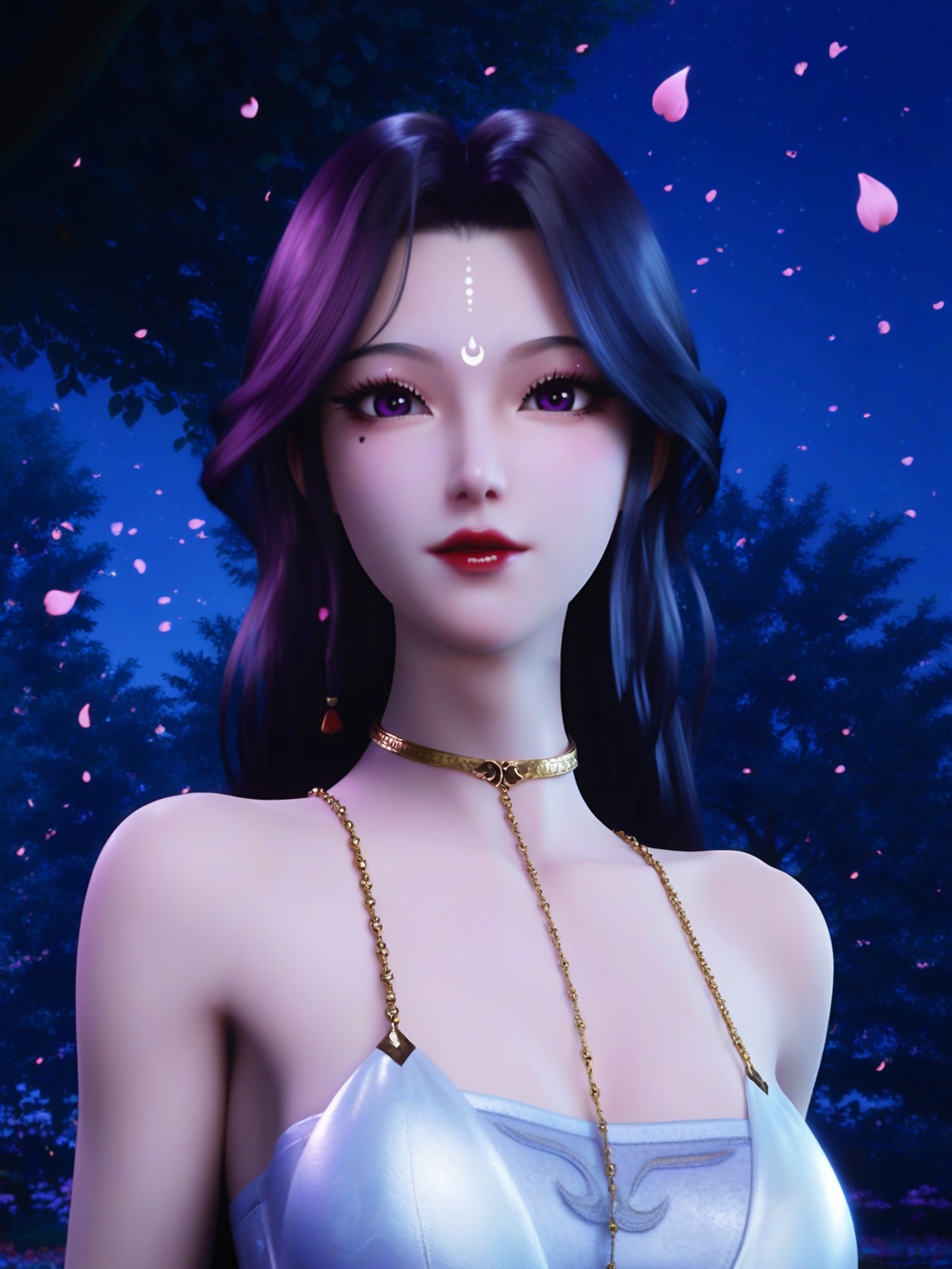 score_9,1girl,breasts,breasts,long hair,looking at viewer,facial mark,forehead mark,red lips,dress,choker,lipstick,falling petals,eyelashes,solo,looking at viewer,enchanting expression,outdoors,<lora:SF_YueYe_YuYi_Pony_Realism2.3:0.7>,