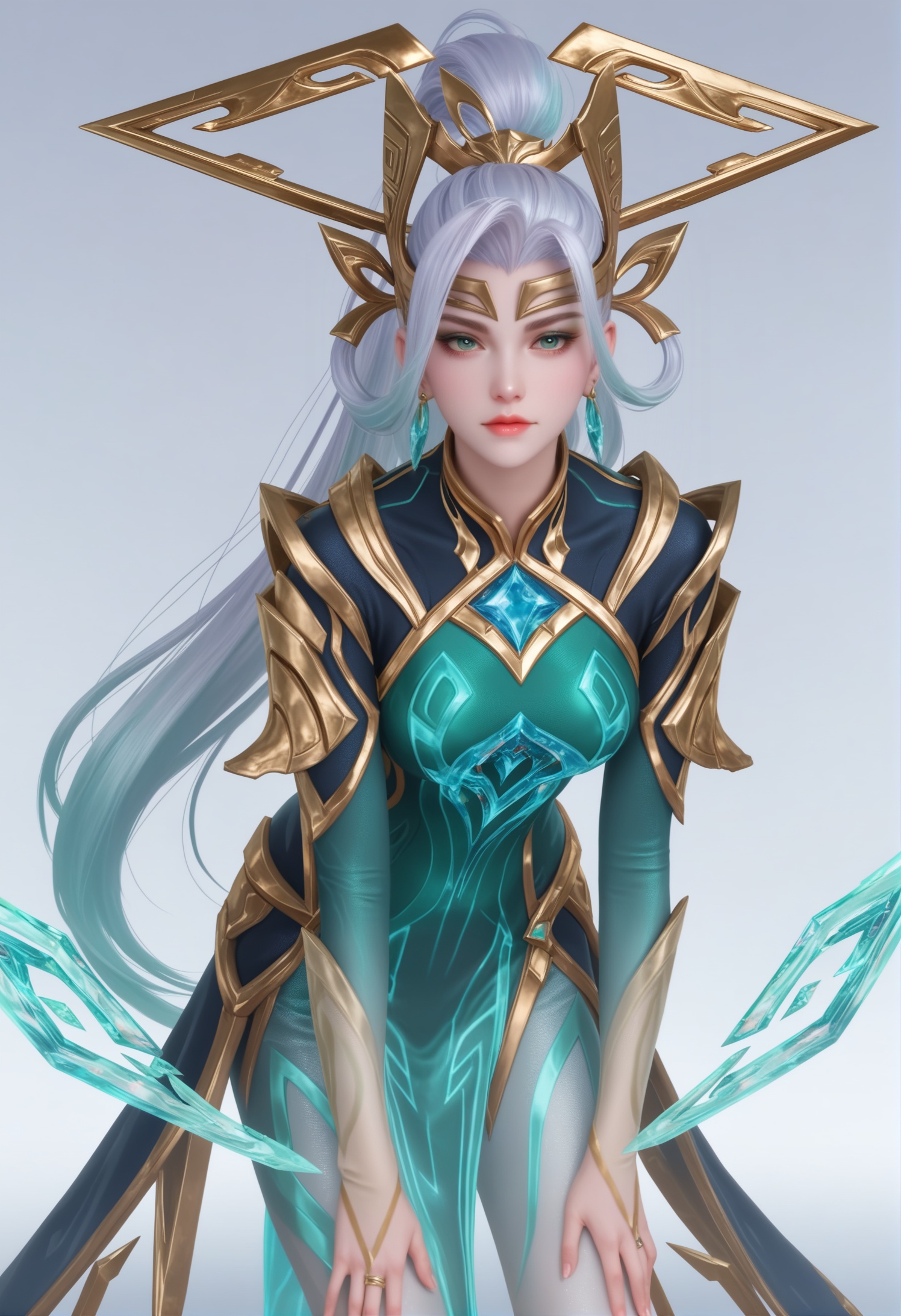 score_9,score_8_up,score_7_up,1girl,solo,standing,(leaning_forward:1.3),(long_legs:1.1),1girl,solo,realistic,(medium breasts:1.1),dress,bodysuit,green dress,black dress,armor,multicolored hair,stirrup legwear,shoulder armor,gold trim,long sleeves,light particles,glowing,gem,floating,clothing cutout,realistic,jewelry,headdress,tiara,halo,hair ornament,hair rings,earrings,bracelet,1girl,solo,realistic,(mature face:1.1),big eye,pale_skin,shiny_skin,slender face,very long hair,white hair,high ponytail,ponytail,gradient hair,green eyes,aqua hair,eyeshadow,blue eyeshadow,closed mouth,realistic,gradient,(grey_background:1.2),gradient_background,(magazine cover theme:0.75),transparent_background,simple background,depth of field,depth_of_field,night,realistic,solid background,simple background,<lora:小巳-女娲-万灵启世pony:0.85>,