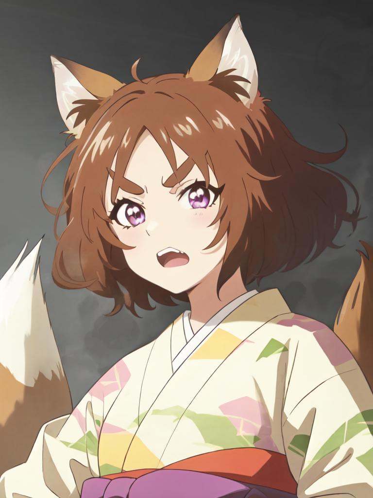 kawaii donkitsune 1girl with small fox ears huge blight brown hair,  wide mushroom cut medium hair symmetrical bangs,  (bi...