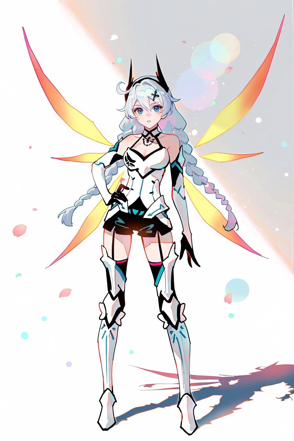 8k, best quality, masterpiece, (ultra-detailed), (high detailed skin), ((artist:reoen),(artist:fuzichoco),(artist:atdan),(artist:torino_aqua),year 2024:0.8)1girl, [artist:wlop], [artist:ningen_mame], artist:ciloranko, [[artist:rhasta]], artist:tidsean, colorful, detailed light, light leaks, sunlight, bokeh, blurry foreground, ray tracing, lens flare, cinematic lighting, full body, full shot, standing, looking at viewer, (solo:1.2), simple background, (white background:1.2), hand on own hip, (white background:1.1), <lora:kiana-young-noob-Tanger:0.7>, kiana kaslana, yueguang, yueguang white light armor, 3rd clothes, 1girl, blue eyes, long hair, braid, thighhighs, boots, bangs, hair ornament, bare shoulders, twin braids, energy wings, elbow gloves, black shorts, A full-body portrait of a young girl, standing gracefully, pastel art style, high-key lighting, shoujo manga influence, hd quality, delicate details, 
