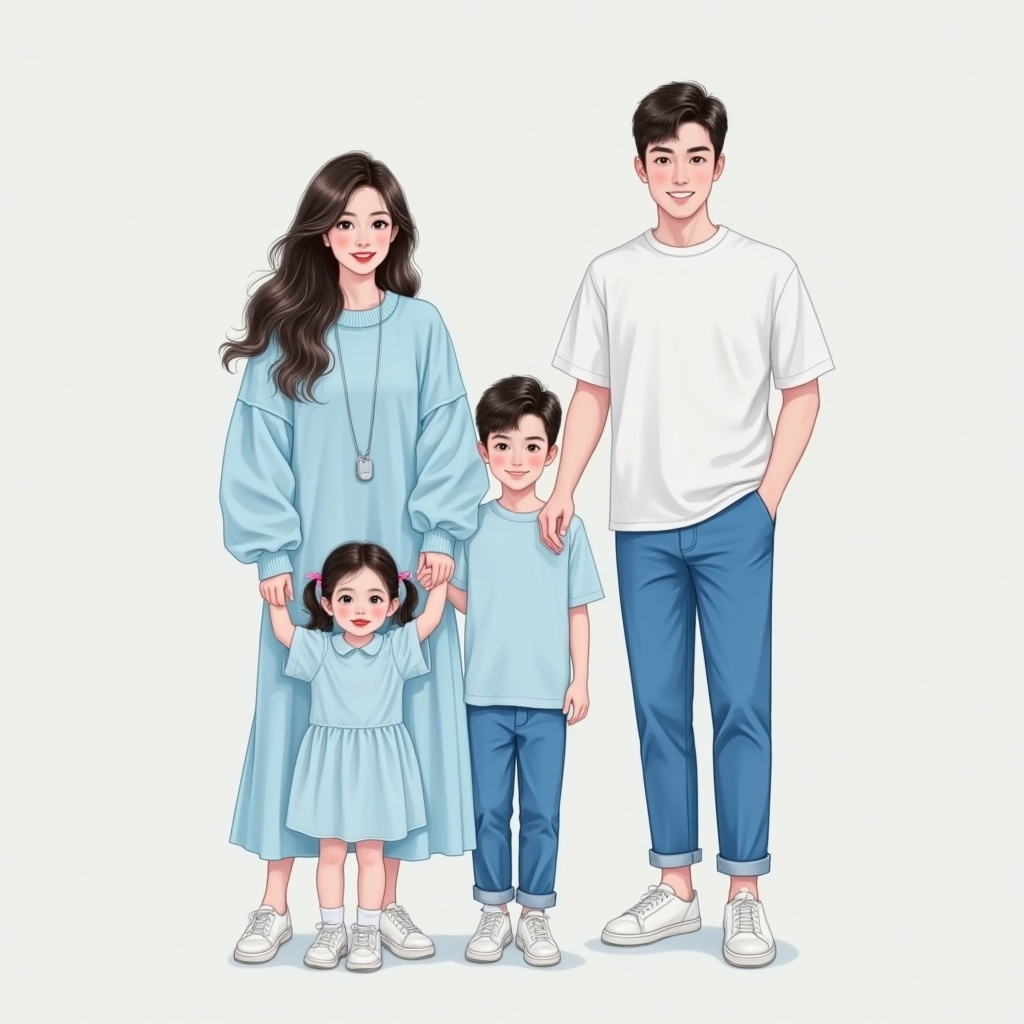 Family photo,mom and dad a son,a girl,wearing light blue line of clothes,all wearing sneakers,